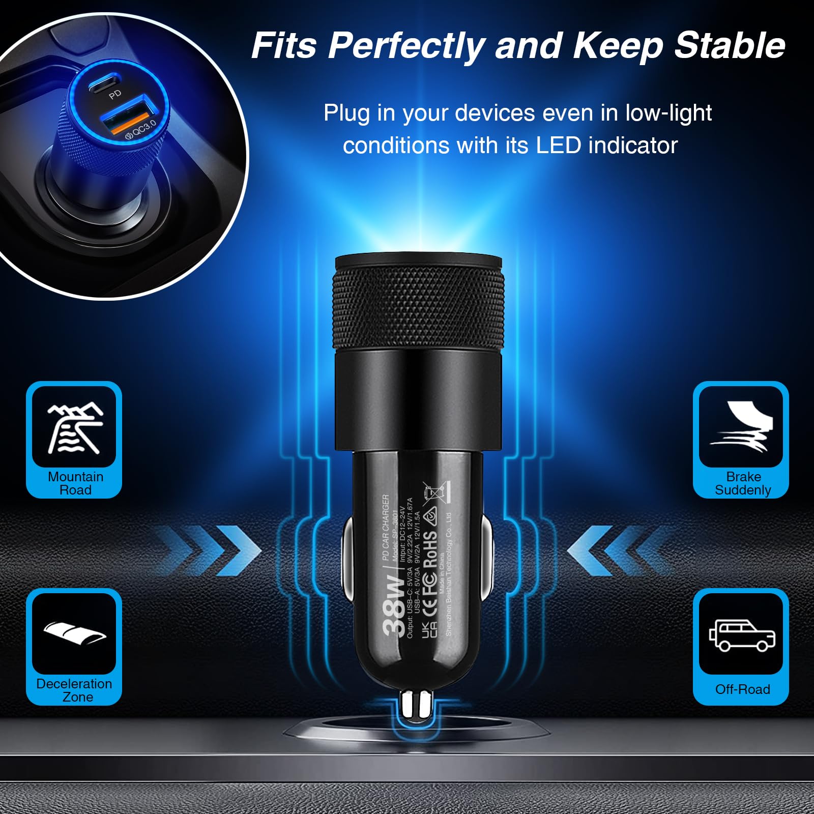 Caricabatteria da auto USB C, confezione da 5 pezzi, 38 W, doppia porta USB-C e USB-A, adattatore per accendisigari, ricarica rapida, per iPhone 16e, 16, 15, 14, 13, Samsung S24, Pixel Cargador para
