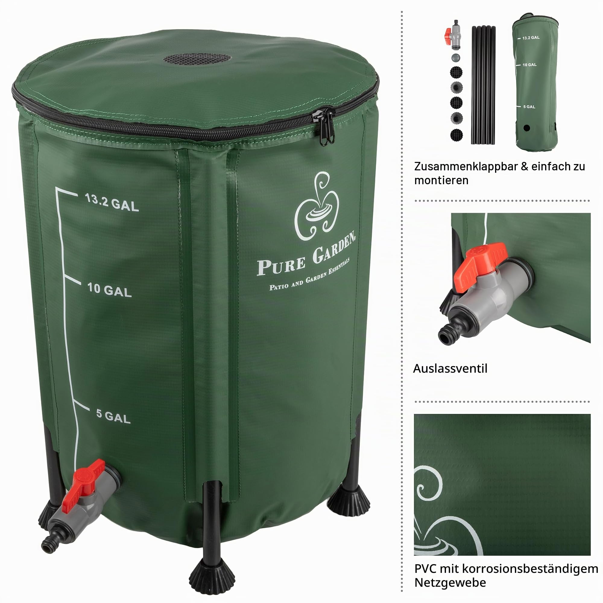 Pure Garden Regentonne - 50 Liter Faltbarer Wasserbehälter zum Auffangen von Regenwasser - Tragbarer Wassertank mit Auslaufventil (Grün)