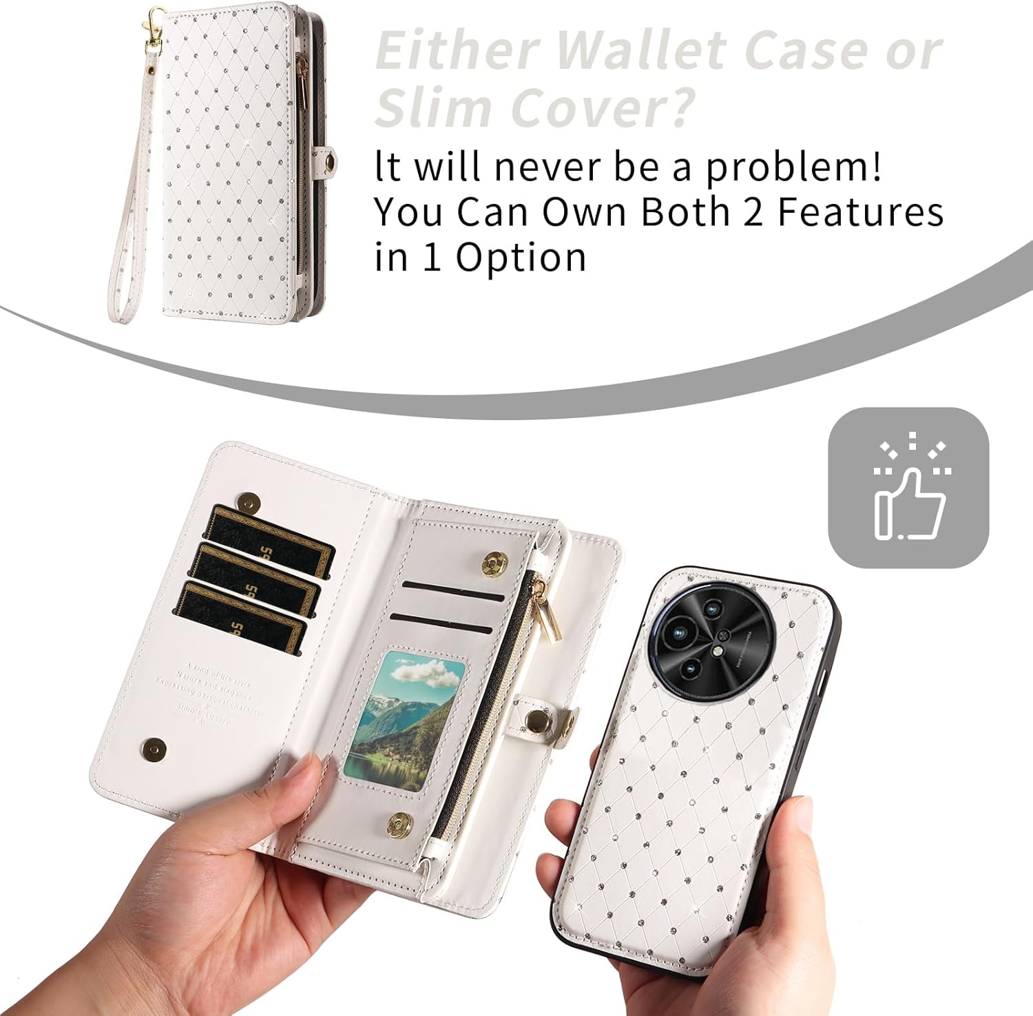 Asuwish Phone Case for TCL 50 XL 5G Zipper Wallet Detachable Cell Cover with Tempered Glass Screen Protector Crossbody Lanyard Strap Glitter Flip Card Holder Slot TCL50XL 50XL T702W Women Girls White