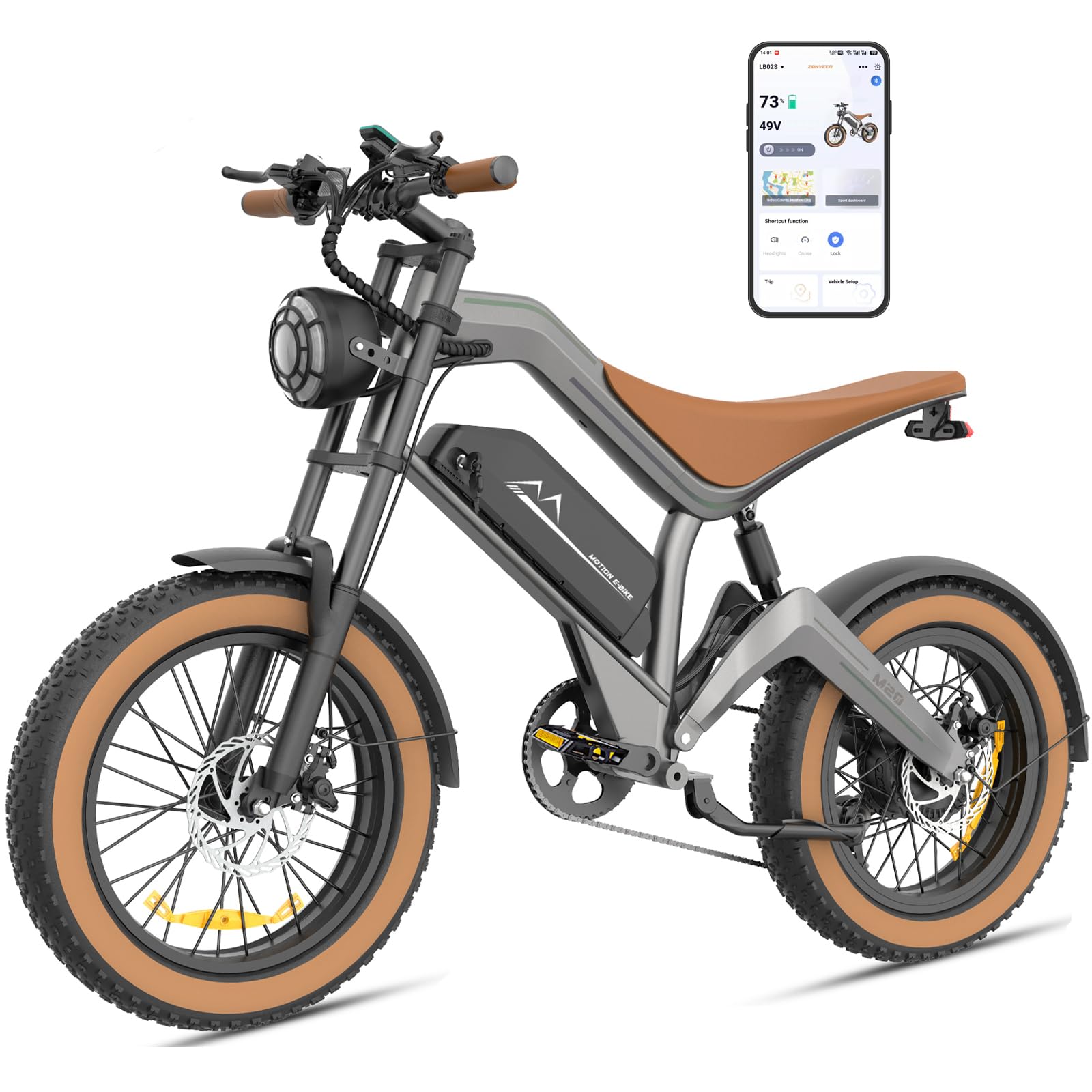 E-Bike - Bicicletta elettrica da uomo, per tutto terreno, con motore da 250 W, 74 NM, batteria da 48 V e 18,2 Ah, 20 x 4,0 pollici, 25 km/h, 7 marce fino a 100 km, freno a disco con app, M20