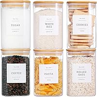 CZZGSM 6 Pack 35oz Square Glass Storage Jars with Airtight Bamboo Lids & 132 Waterproof Pantry Labels - Kitchen Organizers for Coffee, Tea, Spices