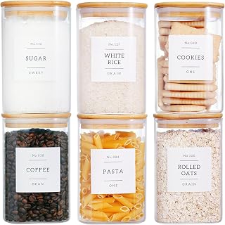 CZZGSM 6 Pack 35oz Square Glass Storage Jars with Airtight Bamboo Lids & 132 Waterproof Pantry Labels - Kitchen Organizers for Coffee, Tea, Spices
