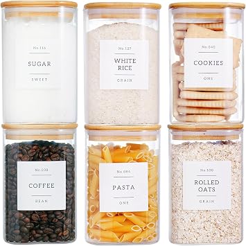 CZZGSM 6 Pack Square Glass Kitchen Storage Jars with Airtight Bamboo Lids and 132 Pantry Labels - 35oz Glass Canisters With Wood Lids - Glass Food Storage Containers for Coffee, Cookie, Tea, Spice