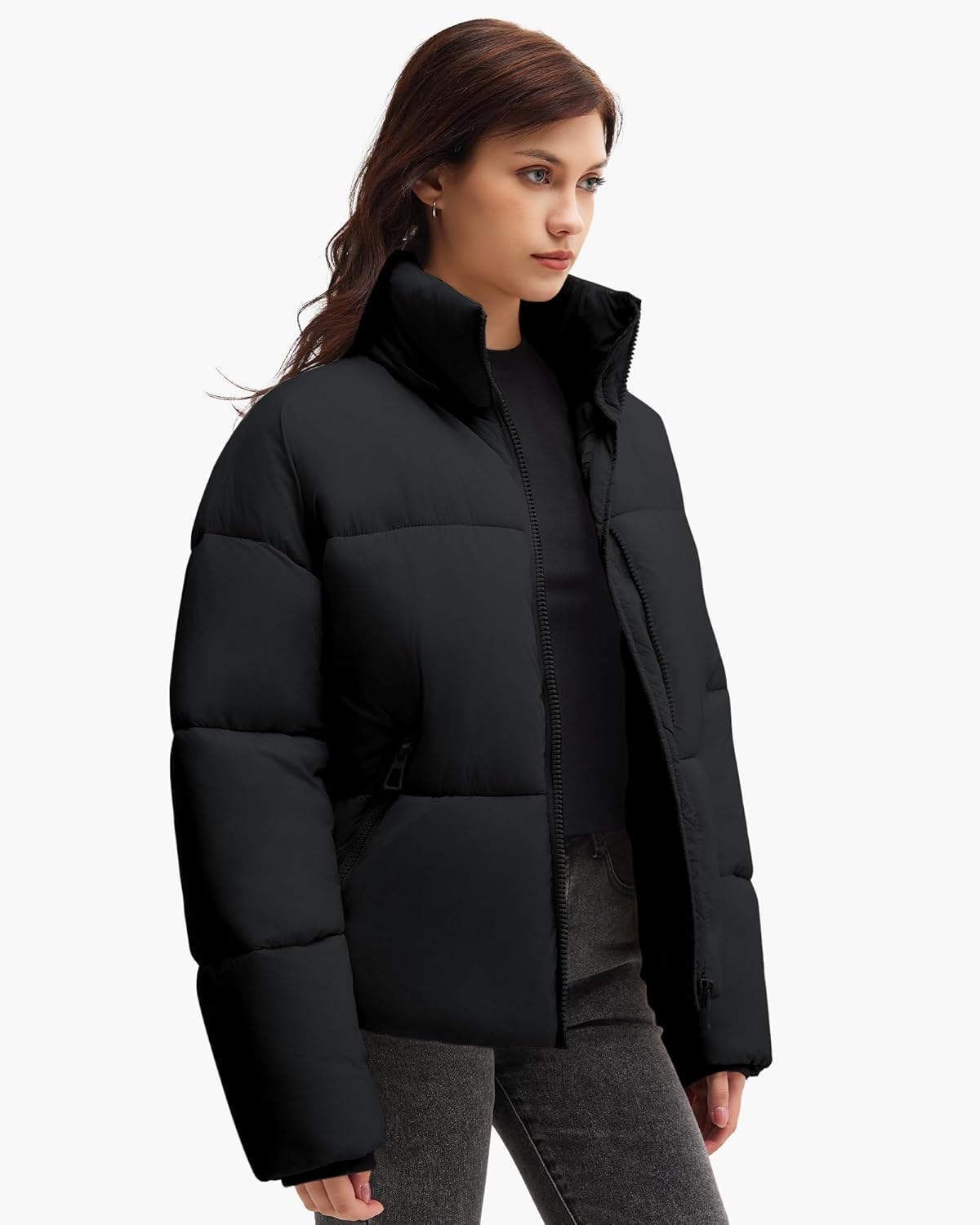 Polu Womens Cropped Puffer Jackets with Removable Hood Lightweight Winter Zip Up Padded Quilted Coat - Image 3