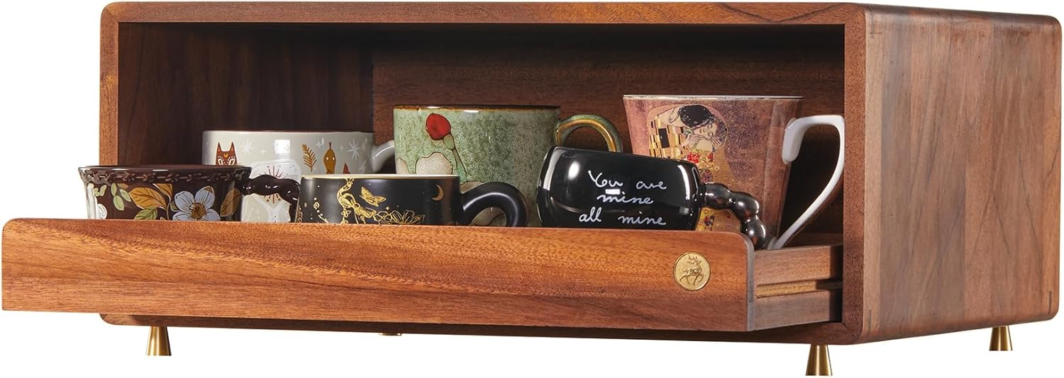 Coffee Station Organizer Wood Coffee Bar Organizer with Drawer Countertop Wooden Mug Holder for Kitchen CoffeeMaker Stand