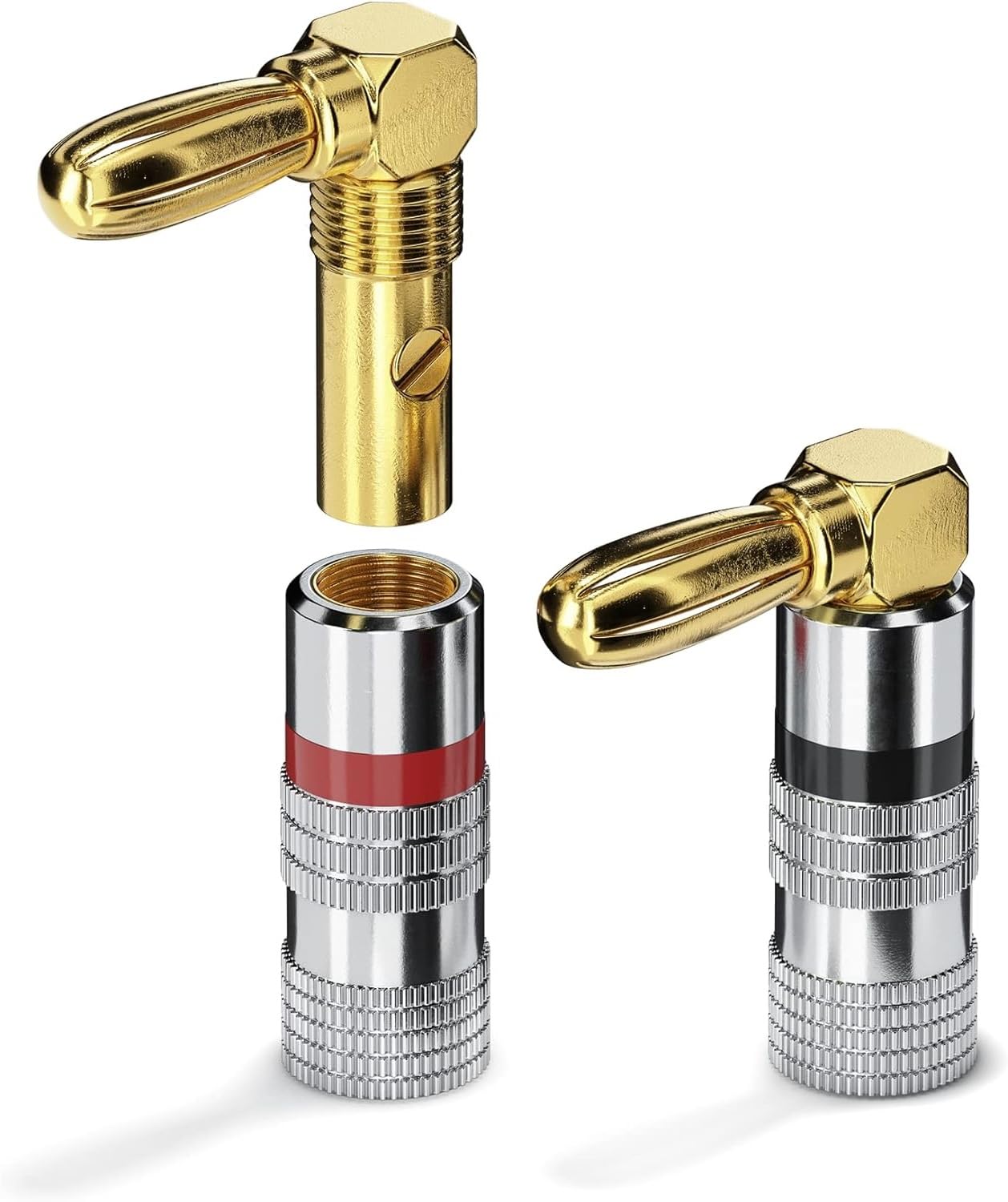 Fiches Banane ETEC à 90° - Or 24 Carats - Pour Câbles Enceintes Jusqu'à 6mm² - Lot De 4 (2 Rouge, 2 Noir)