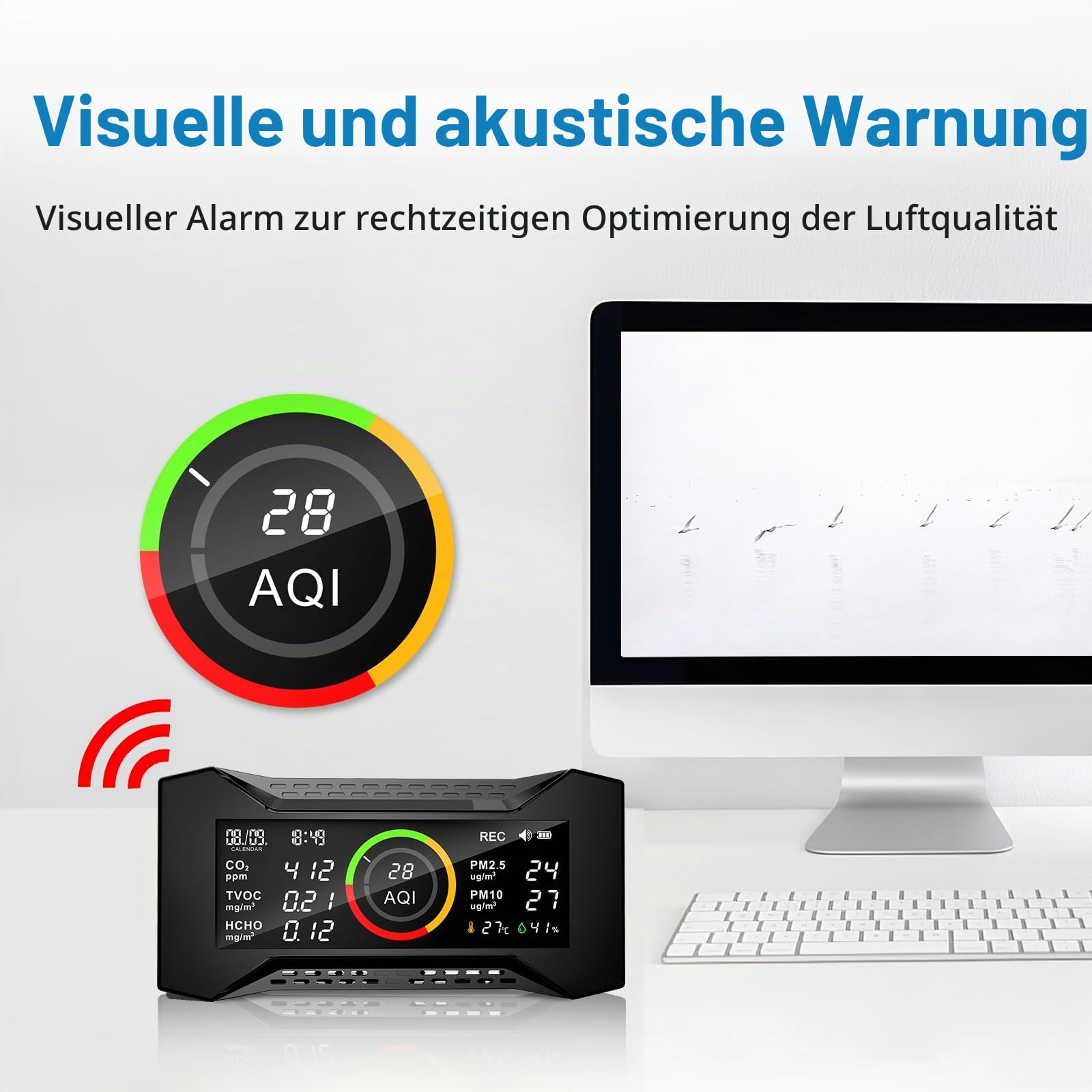 CF-20 DL Luftqualitätsmonitor Innen mit Datenbericht für CO2 TVOC PM2.5 PM10 AQI HCHO Temperatur Luftfeuchtigkeit, Luftverschmutzungsmonitor mit Audio-Alarm, CO2-Monitor für Zuhause