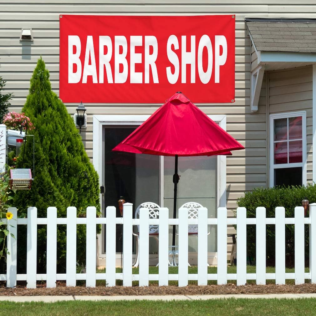 Vinyl Banner Multiple Sizes Barber Shop Red Background Business Outdoor Weatherproof Industrial Yard Signs 4 Grommets 16x40Inches
