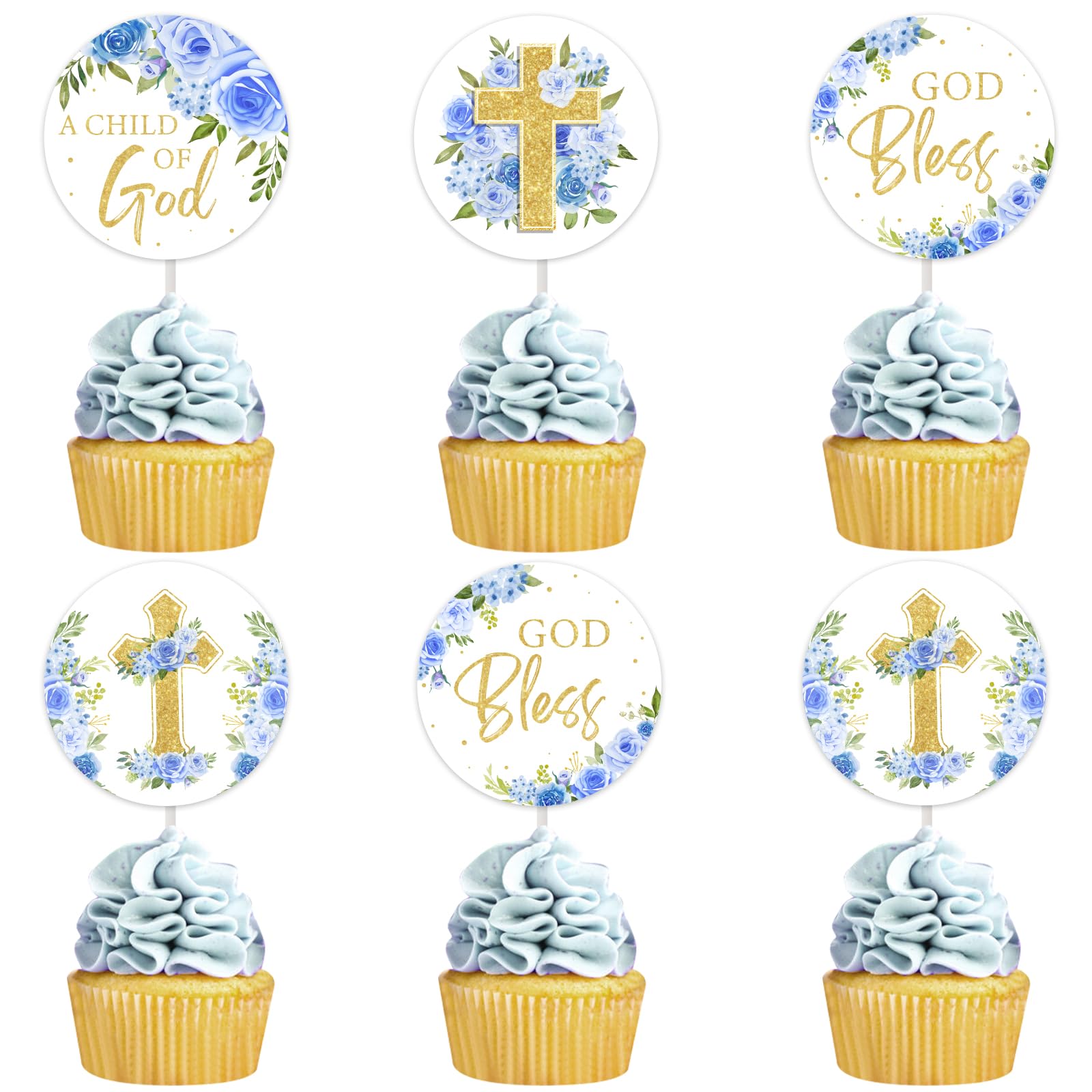 Décorations cupcakes bleues et croix religieuse, cadeau idéal pour baptême garçon