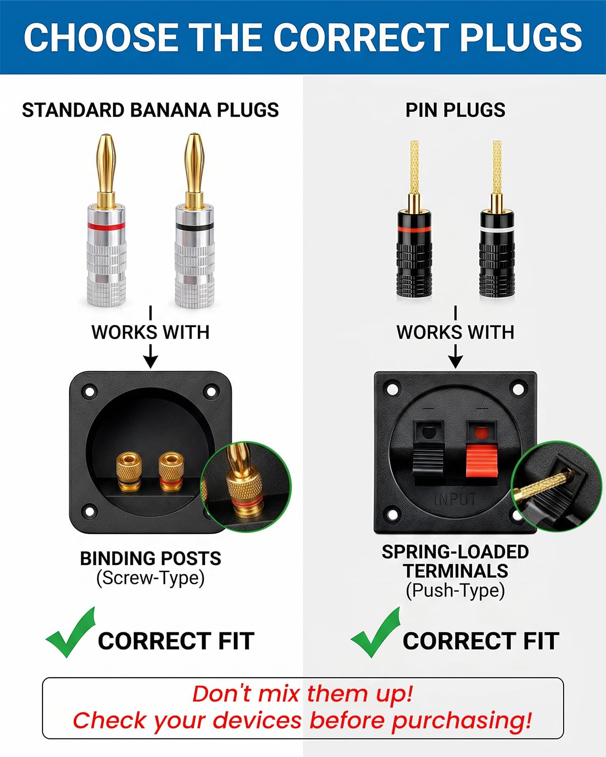Banana Plugs 6 pares/12 piezas, conector de altavoz chapado en oro de 24 quilates de 4 mm para cine en casa, placa de pared, receptor de audio/video, amplificadores y sistemas de sonido