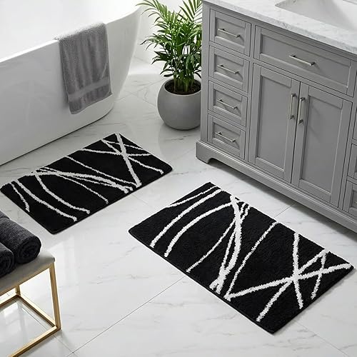 Miniatura 24 de Tititex Alfombra de baño de lujo de línea curva blanca y negra, 24 x 36 pulgadas, alfombra de baño de microfibra extra suave y absorbente, alfombra