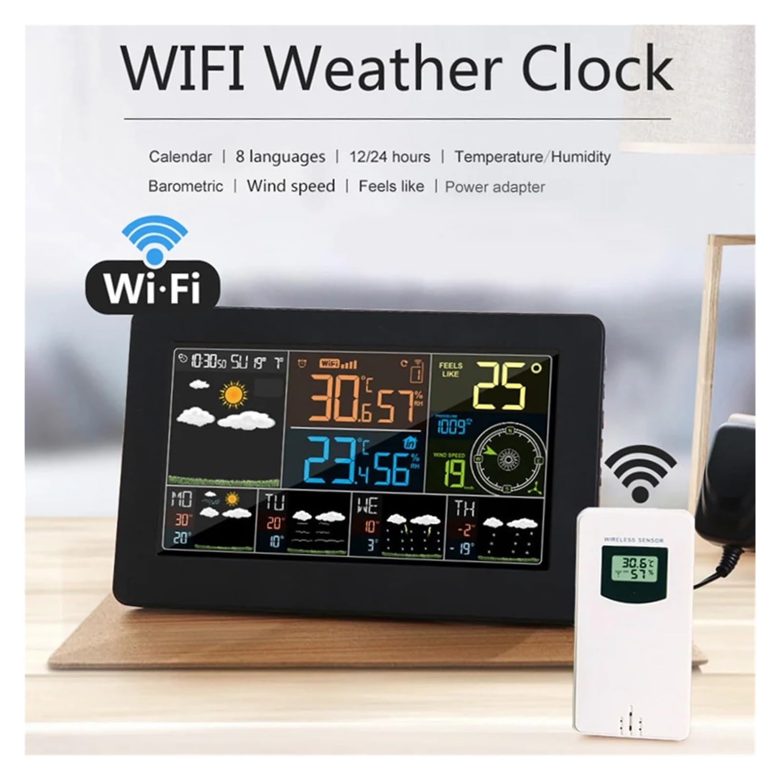 WiFi Inteligentna Stacja Pogodowa Wewnętrzna Temperatura Zewnętrzna Wilgotność Barometryczny Wyświetlacz Prędkości Wiatru Kontrola Aplikacji Zegar Wielofunkcyjny Wysoka DokłAdność