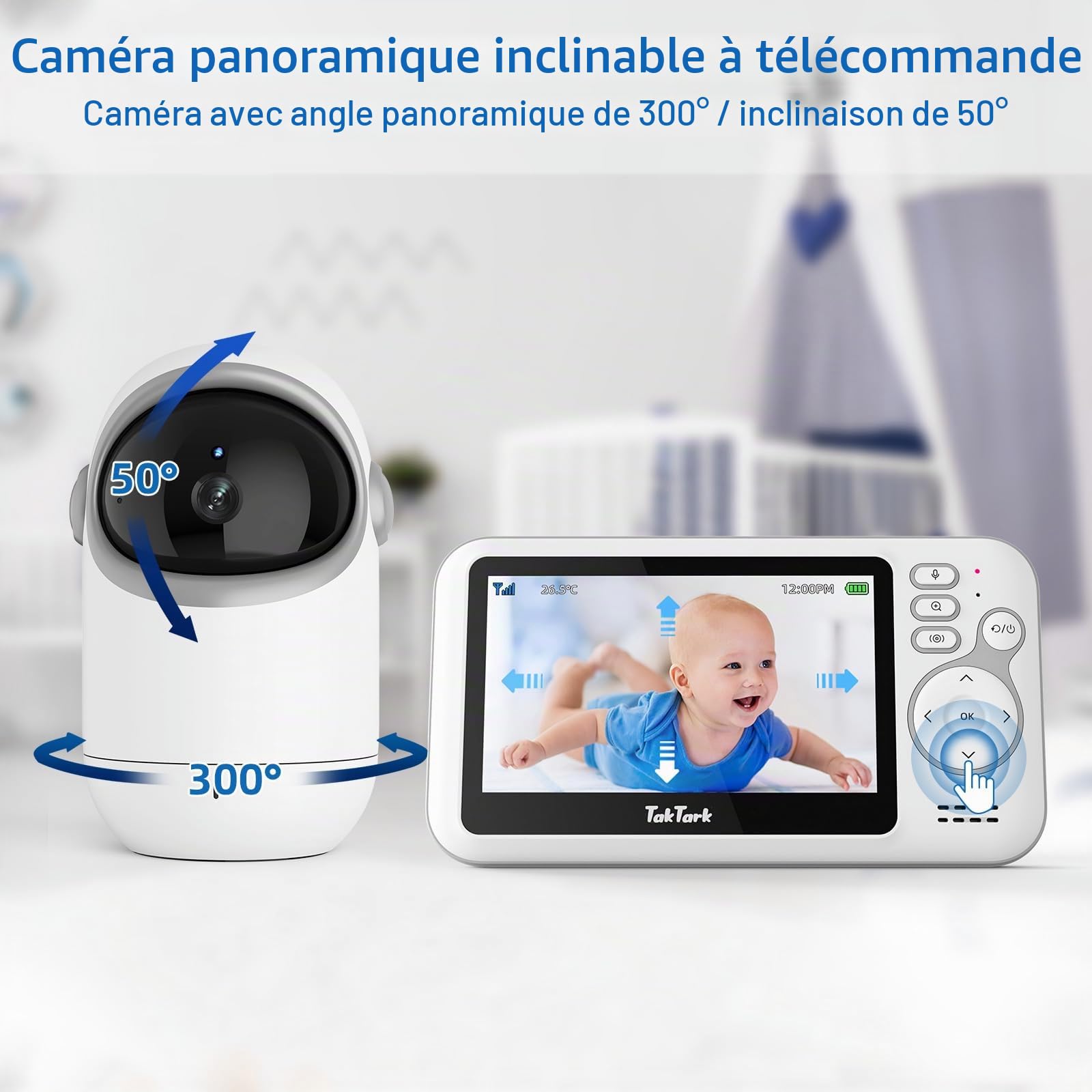 TakTark Babyphone Camera, 4.3'' Video Babyphones Caméra avec 300° Pan-Tilt-Zoom à Distance, Camera Bebe Surveillance de la Température, VOX, Vision Nocturne, Communication Bidirectionnelle
