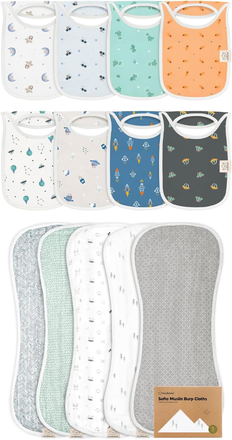 KeaBabies 8-Pack Baby Bibs for Boys, Girls and 5-Pack Muslin Burp Cloths for Baby Boy and Girl - Pull-on Drool Catcher, Bandana Bibs, Drooling And Teething - Cotton Washcloths, Burp Rags