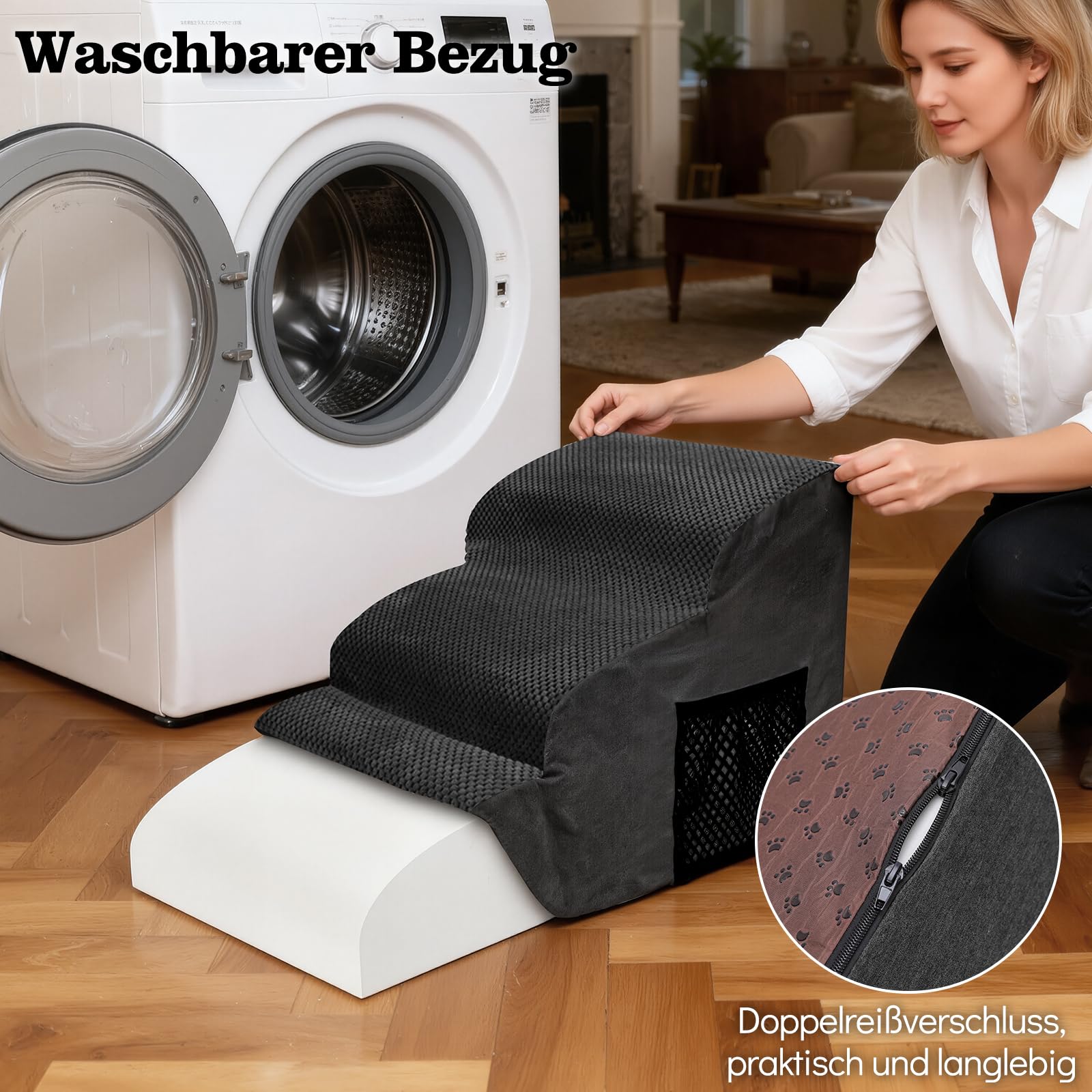 MASTERTOP Hundetreppe für kleine Hunde, Hundetreppe 3 Stufen aus Hochdichter Schwamm, rutschfest Tragbar Hunderampe Katzentreppe mit Tragegriff und Aufbewahrungstasche für Sofa Betten(Schwarz)