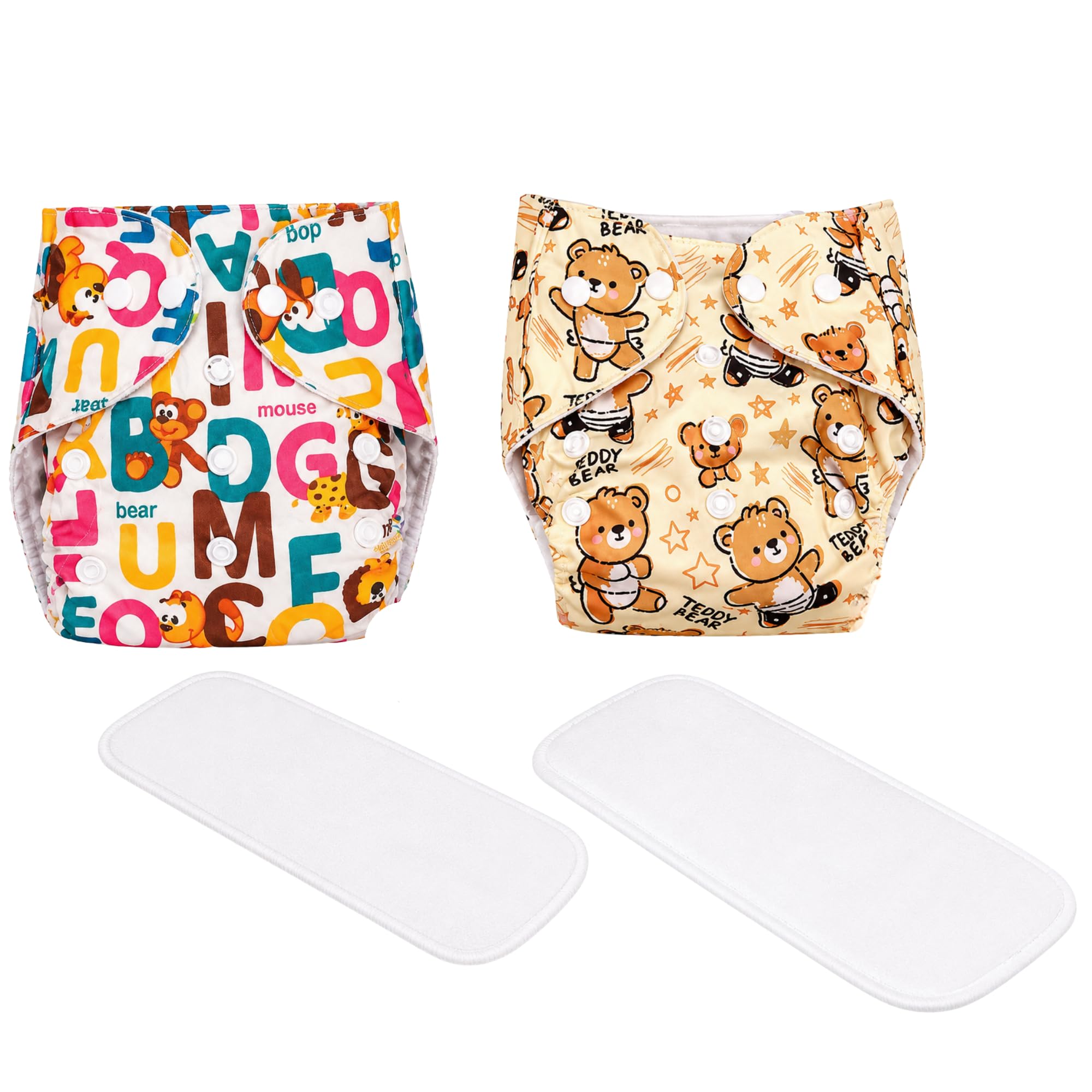 Reusable Washable Cloth Pocket Cover with Soft Absorbent Insert, Leakproof Adjustable Snap Buttons Gentle Outer Fabric (WHITE+BROWN, PRINTED, PACK OF 2)-image-44