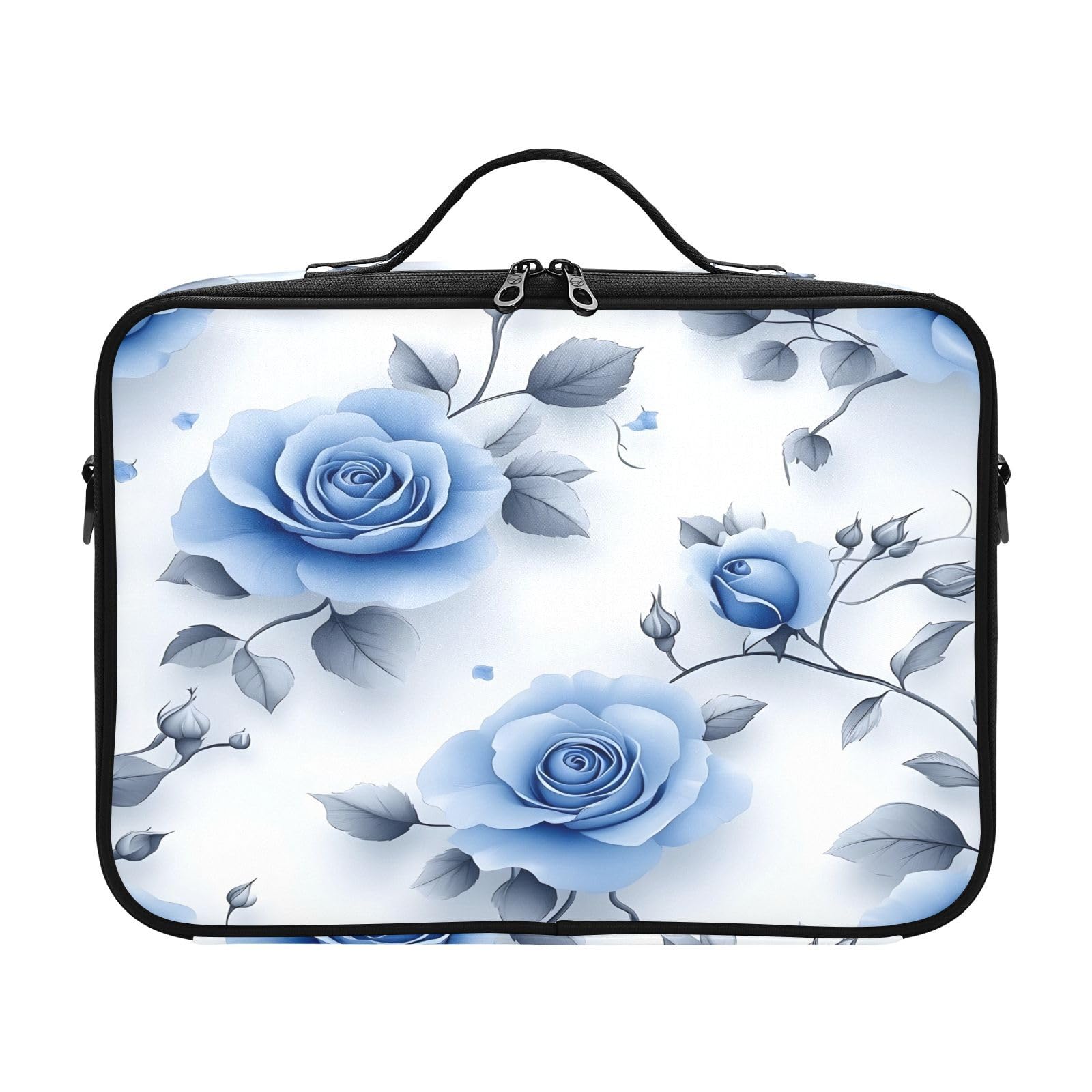 zyrtty Travel Makeup Train Case Flower Blue Grey Leaves Pattern Cosmetic Organizer Portable Storage Bag with Adjustable Dividers for Cosmetics Brushes Toiletry Jewelry Digital Accessories