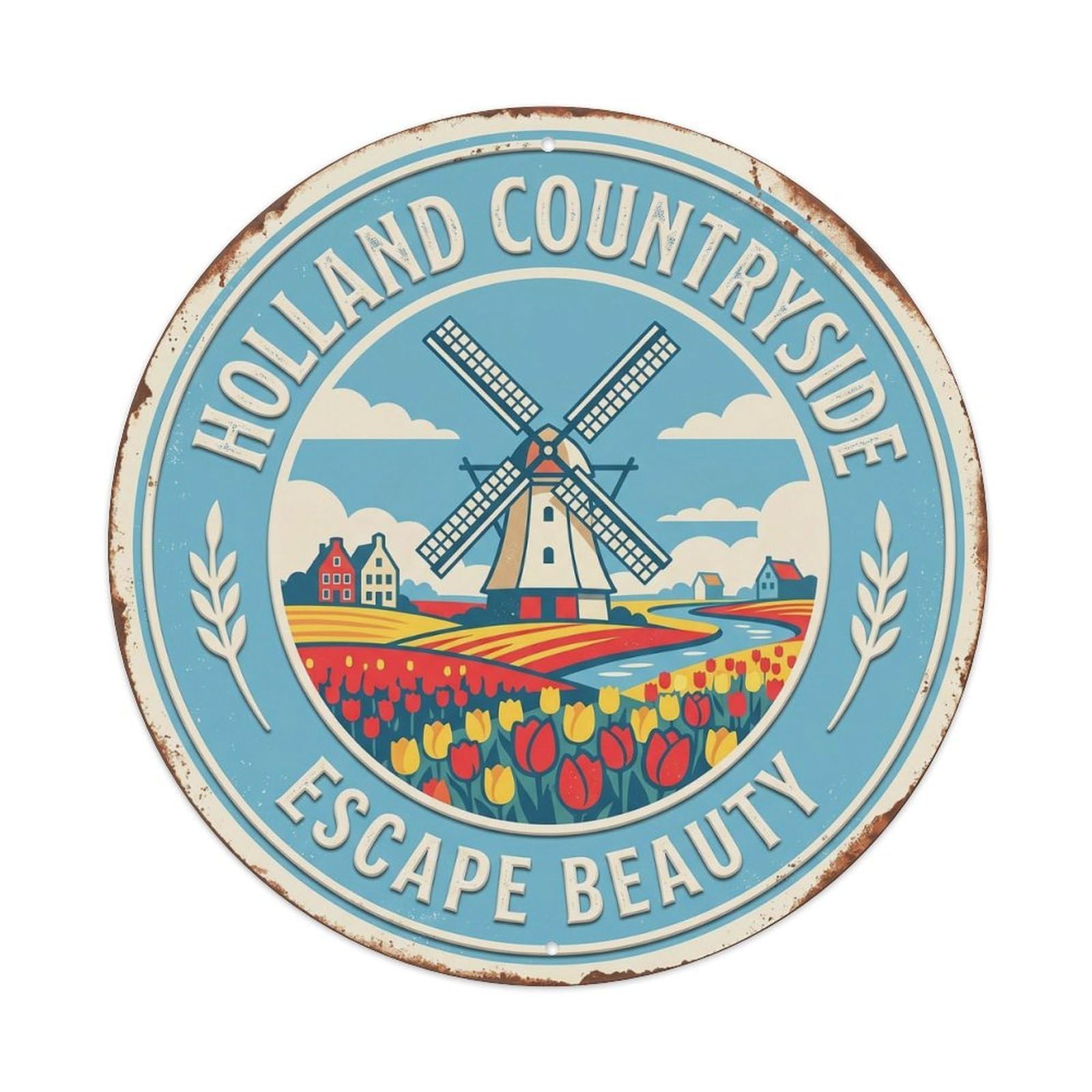 Windmill Countryside Escape Holland Landscape Metal Tin Sign