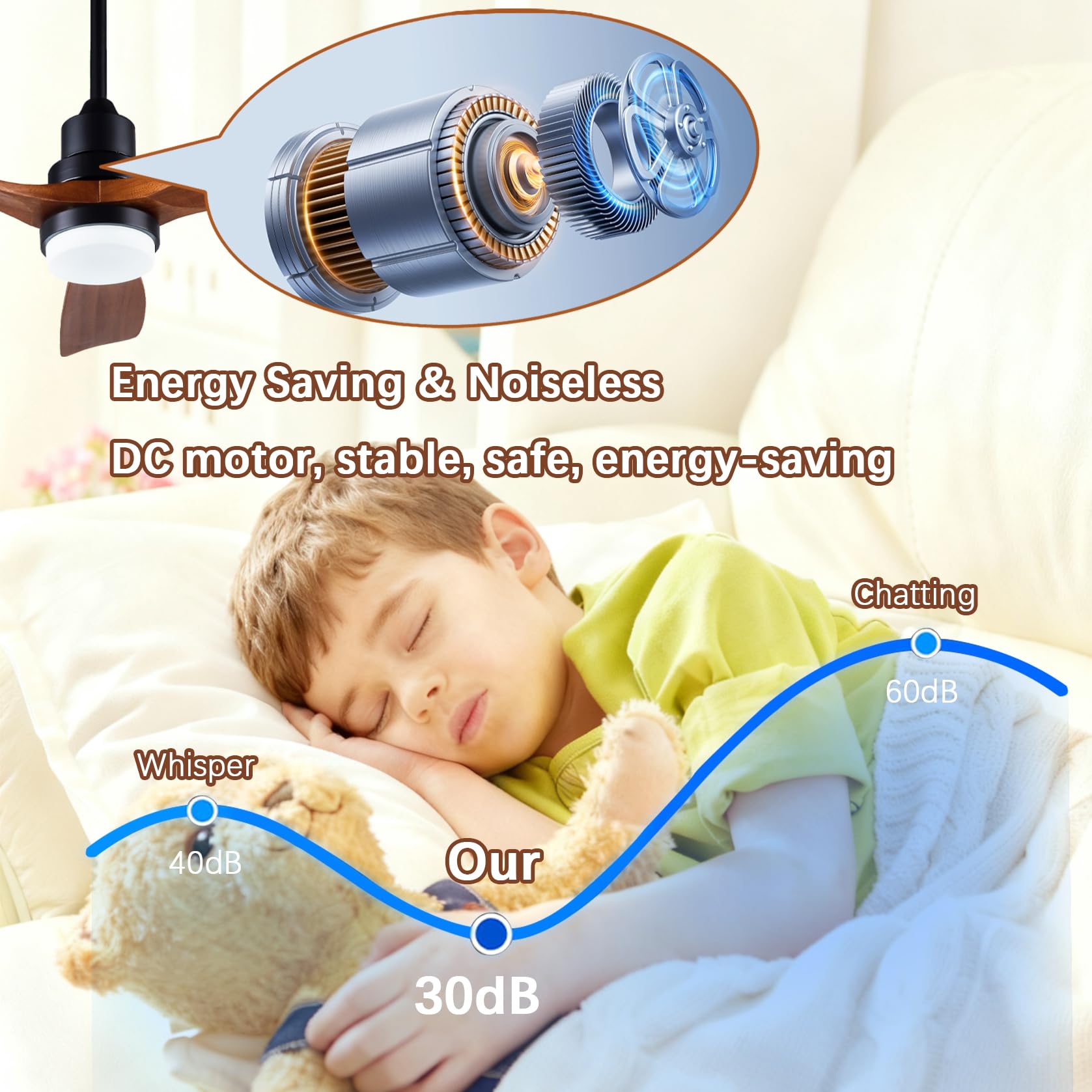 52-inch Ceiling Fan with Remote Control Illuminated 3-Blade Carved Wooden Fan Blades Quiet Reversible All-Copper Motor Ideal for — view 6