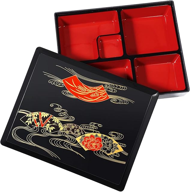 DOITOOL Sushi Bento Box with Lid, Japanese Sushi Tray Lunch Box Food Carrier Containers Snack Serving Tray with Lid for Home Restaurant School, 30X25X5.5cm(Wood Grain Cover Black)