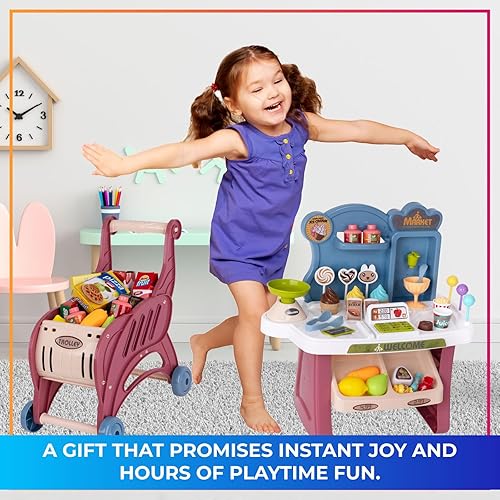 Miniatura 5 de Angel's Grocery Store Juego de simulación para niños, soporte de supermercado de juguete con 40 piezas, incluyendo carrito de compras, escáner,