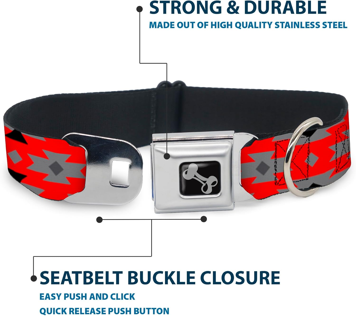 Dog Collar Seatbelt Buckle Navajo Gray Red Gray Black 13 to 18 Inches 1.5 Inch Wide
