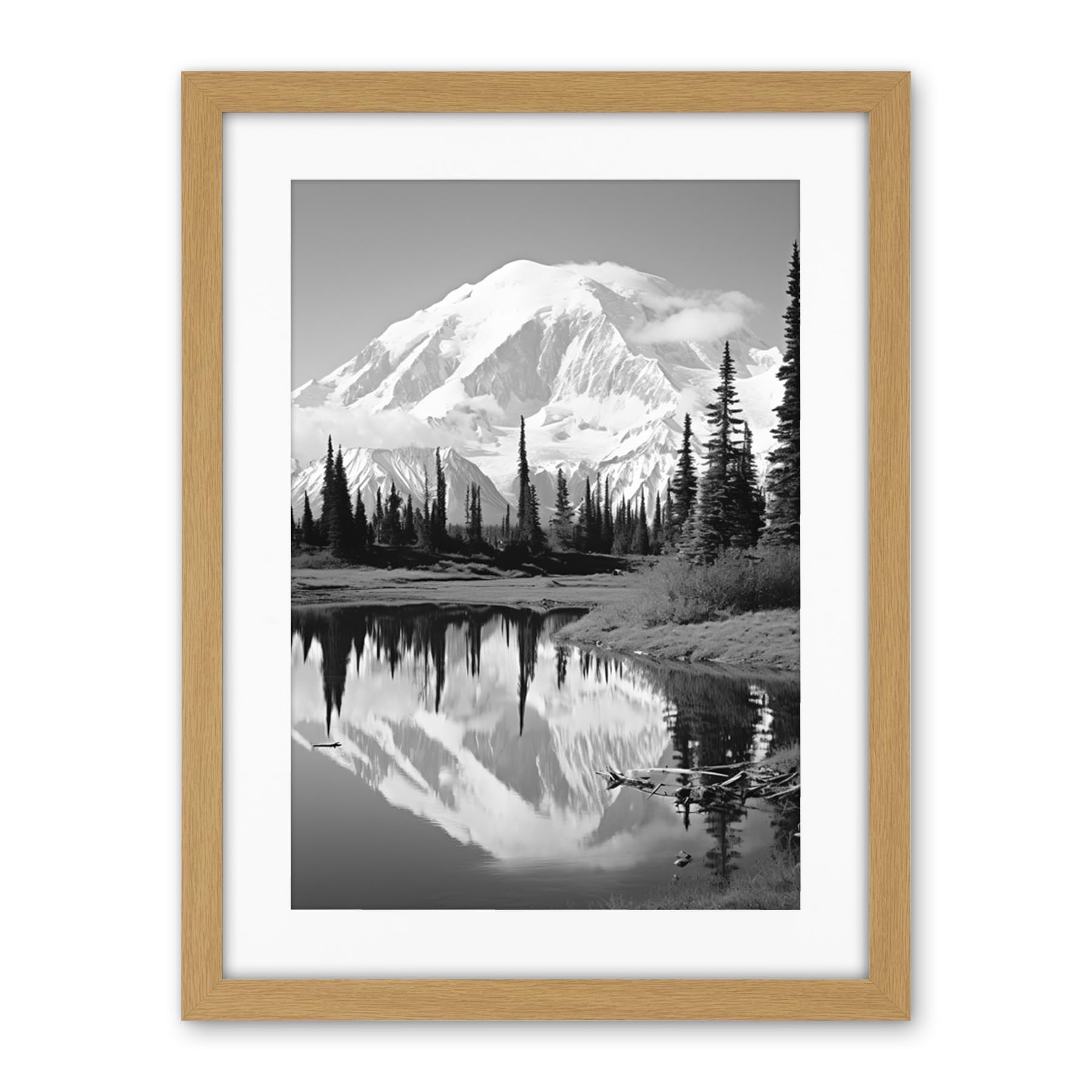 Artery8 Mount McKinley Reflecting on Wonder Lake Tranquil Water Black and White Photograph Scenic Mountain Valley Landscape Artwork Framed Wall Art Print 18X24 Inch