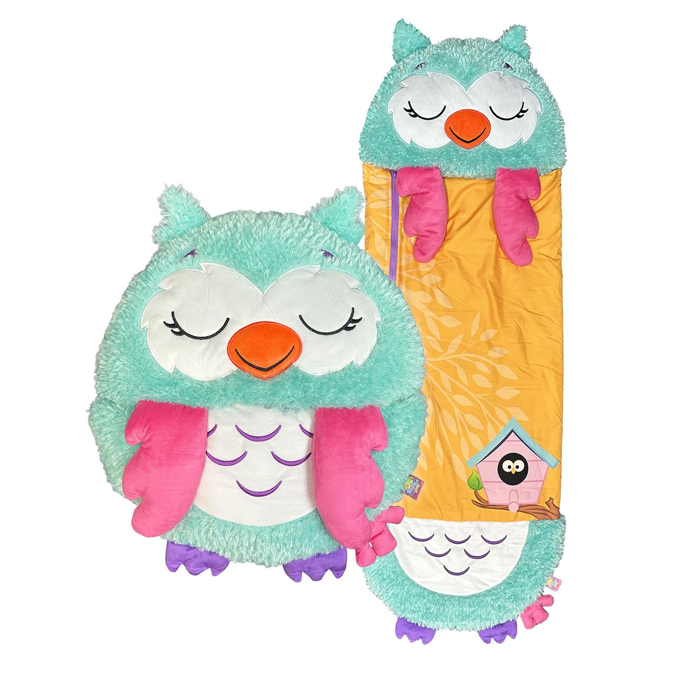 Happy Nappers Kids Sleeping Bag - Blue Owl Large Size - Suitable for Children Aged 7 Years and Over - Plush Toy, Comfy Sleeping Bag & Fluffy Pillow All in One