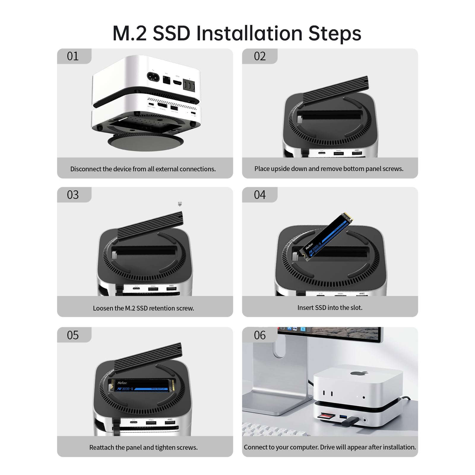 Netac Mac mini M4 Hub e supporto 9 in 1 con alloggiamento NVMe SSD da 10 Gbps (fino a 8 TB), dock con USB 3.2 x 2 e USB 2.0 x 2, porta 4K 240Hz DP 1.4 / audio 3,5 mm / audio 3,5 mm, SD/TF