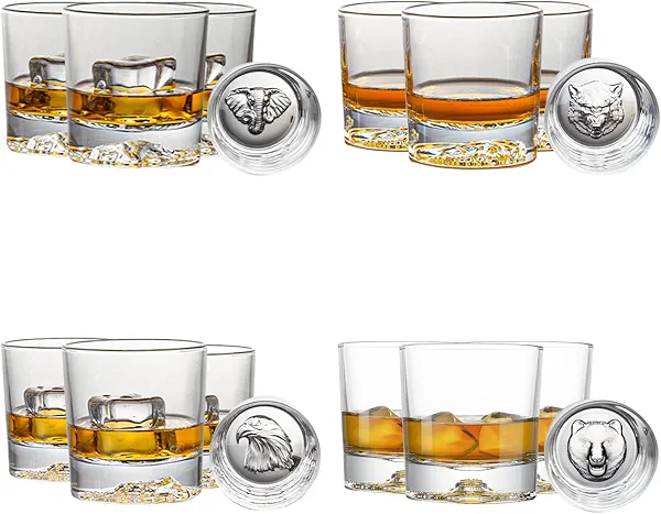 WANYISHUN Whiskey Glasses Set 4, Old Fashioned whiskey glasses, 10oz Thick Weighted Bottom Animal Pattern Whiskey Glasses, Personalized Whiskey Glasses for Scotch, Bourbon, Cocktails (Multi)