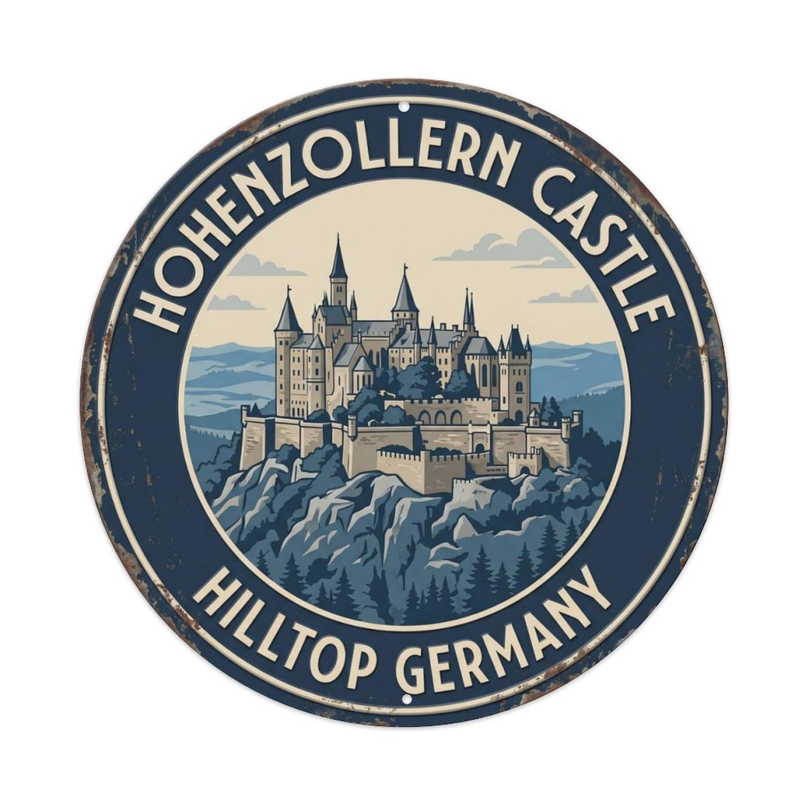 Hohenzollern Castle Hilltop Germany Fortress Metal Tin Sign Plaque Wall Decor for Cafe, Club Bar, Office, Home Garden Round Metal Poster 8x8Inch
