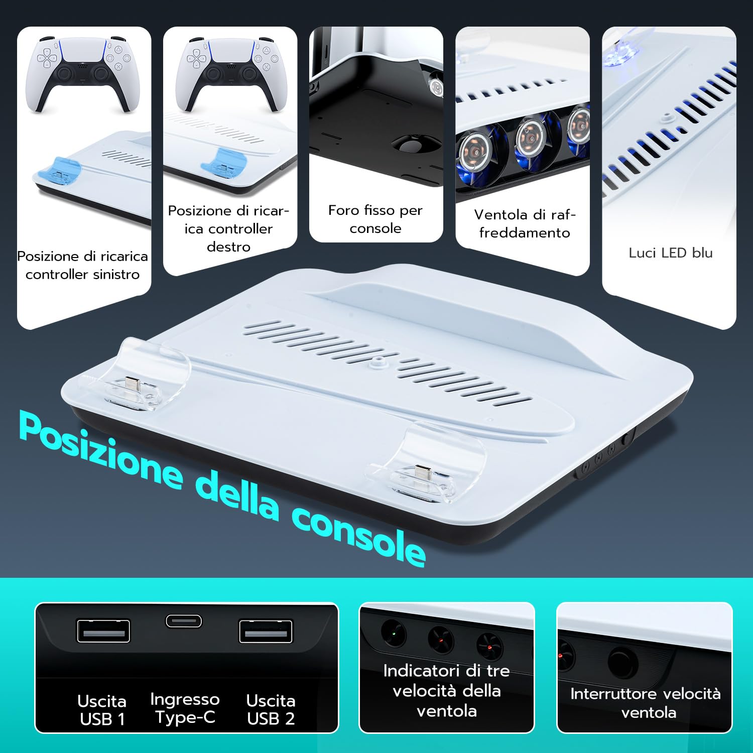 Supporto per PS5/Slim/Pro con Ventola di Raffreddamento, Base Stazione Ricarica Joystick PS5, PS5 Supporto Verticale Raffreddamento con 2 Carica USB &3 marcia Velocità del vento per PS5 Gadget