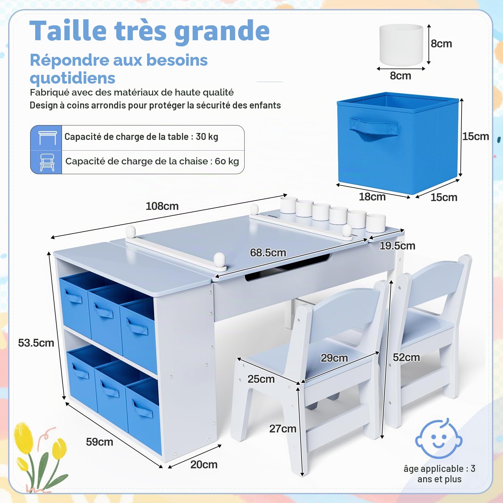 MAMIZO Table pour Enfant avec 2 Chaises, Bureau Enfant en Bois avec Rangement, Bureau avec Rangement pour Fille Garcon 3+ Ans, Table a Dessin avec Rouleau de Papier pour Jouer Dessiner (Bleu)
