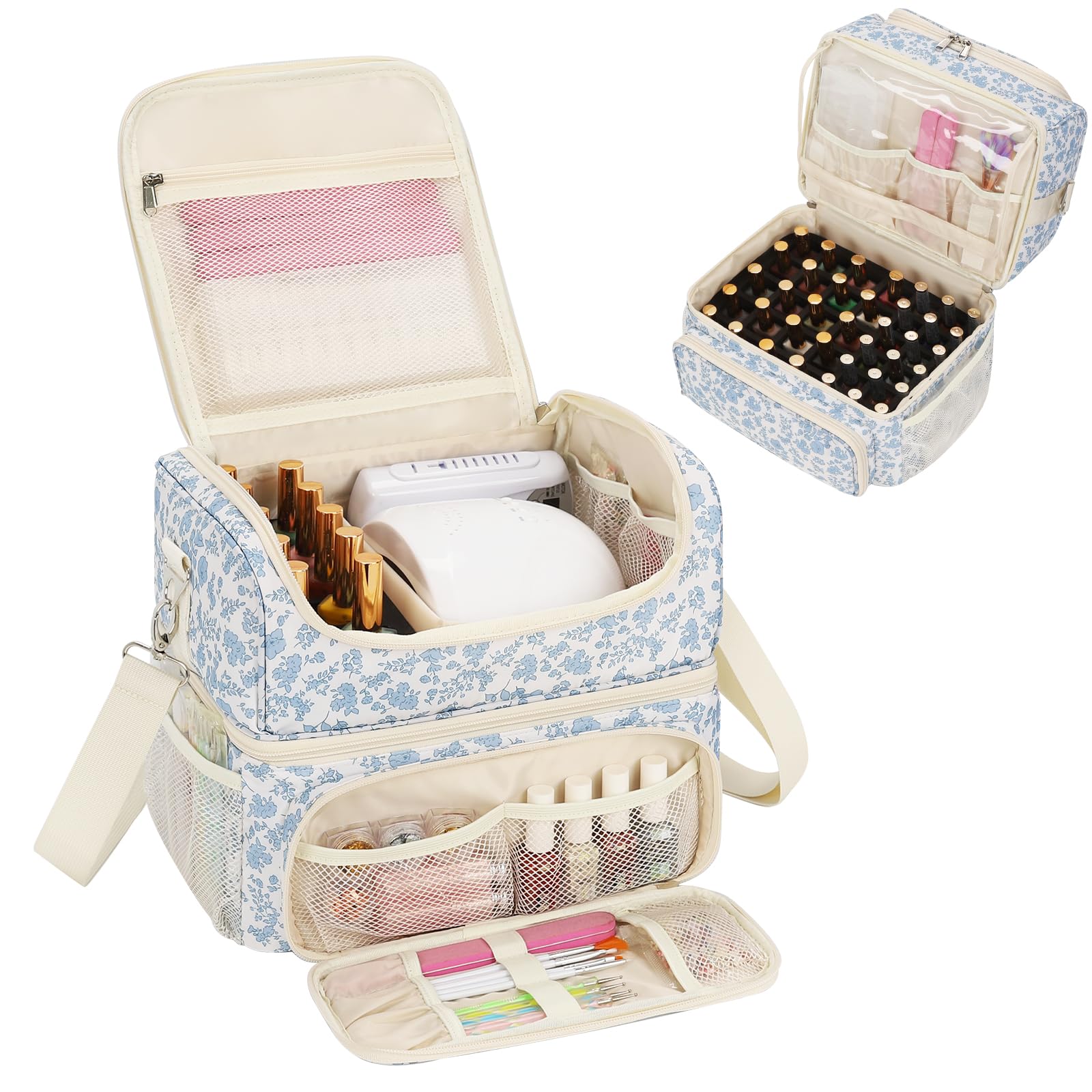 Photo 1 of [DIRTY] CUBETASTIC Nail Polish Organizer & Storage Bag for 48 Bottles & Full-Size Lamp, Double-Layer Travel Case Box for Nail Supplies, Manicure Kit & Pedicure Tools (Blue Floral, 48 Slots)
