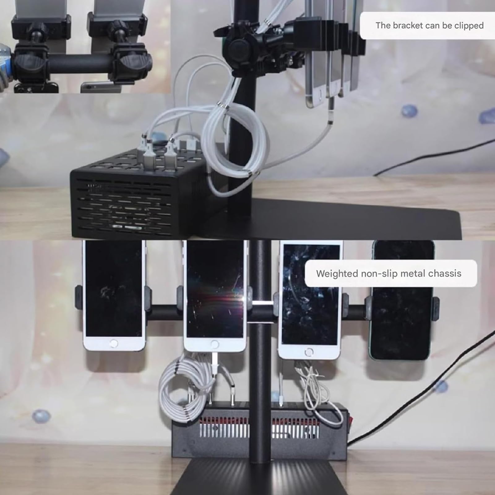 Soporte de control para teléfono celular, organizador de metal para escritorio, almacenamiento de 2 niveles para múltiples dispositivos, ideal para oficina y uso doméstico