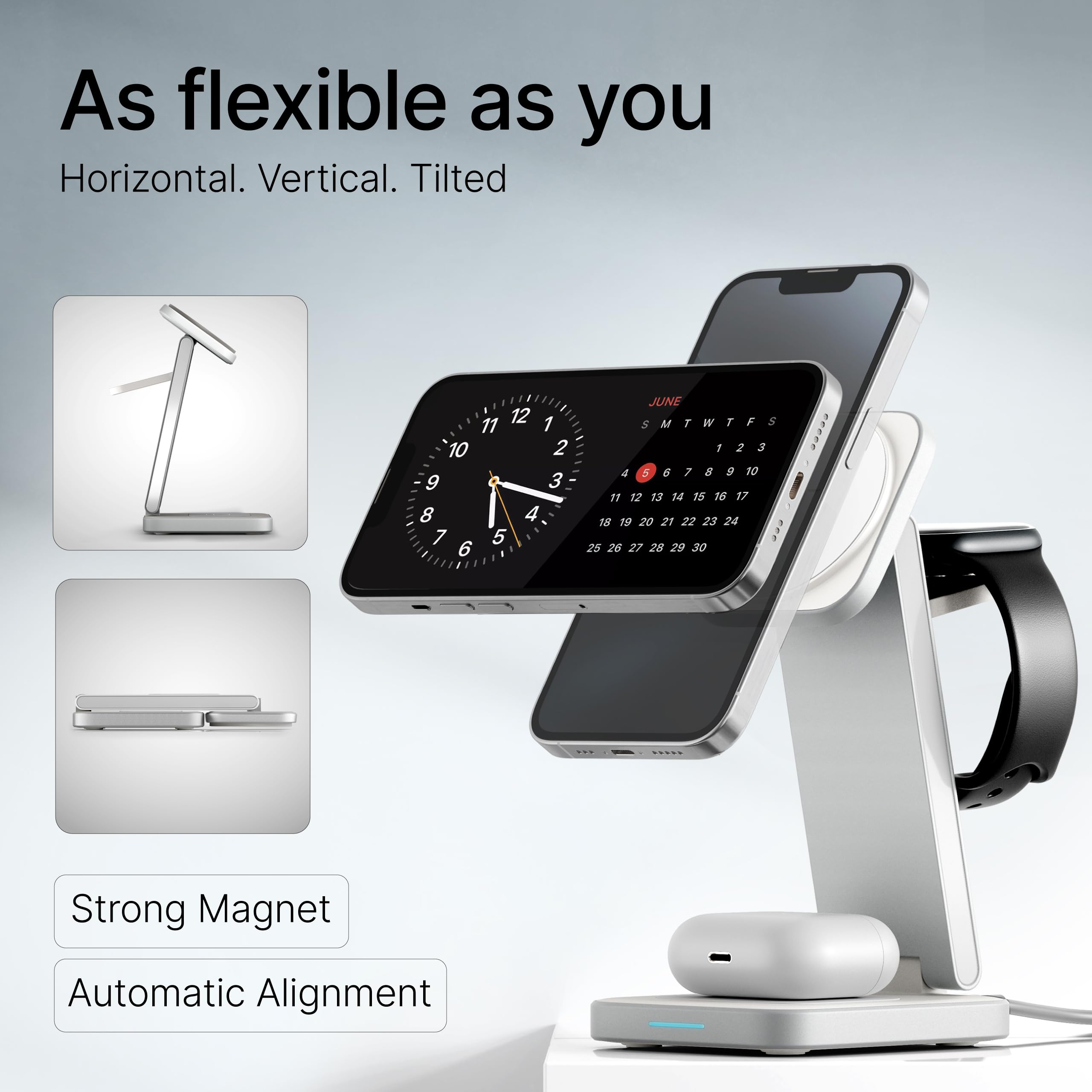 TEGLER Stazione di ricarica wireless 3 in 1 pieghevole in alluminio per smartphone, smartwatch e auricolari, con adattatore da 20W incluso