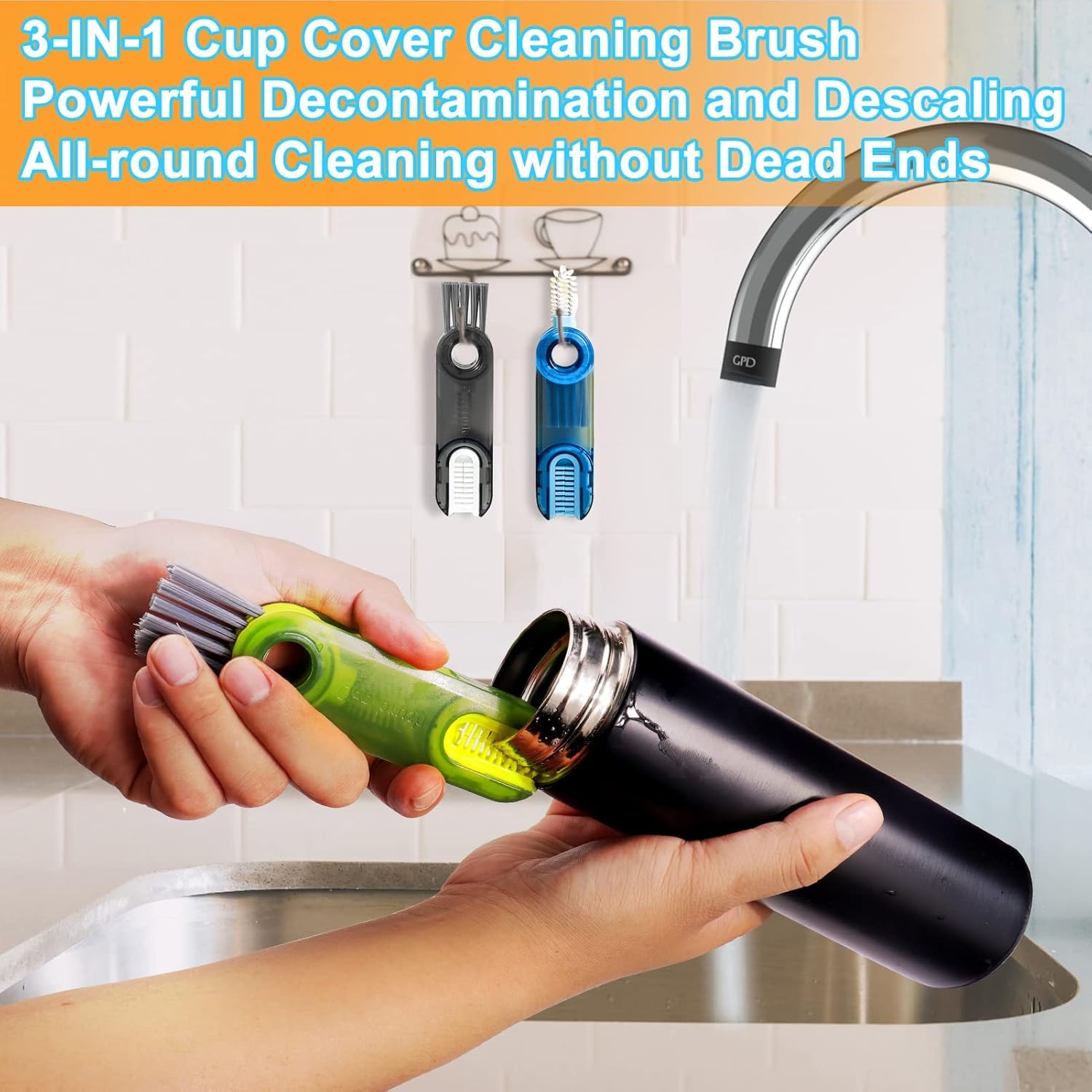 Spefez 2Pcs 3-in-1 Cup Lid Cleaner Brush Set, Multifunctional Mini Cup Bottle Cleaning Brush, Cup Cover Lid Cleaner, Kitchen Washing Tool, Mini Cleaner for Travel and Home(Cap Brush)-Multi Color 2