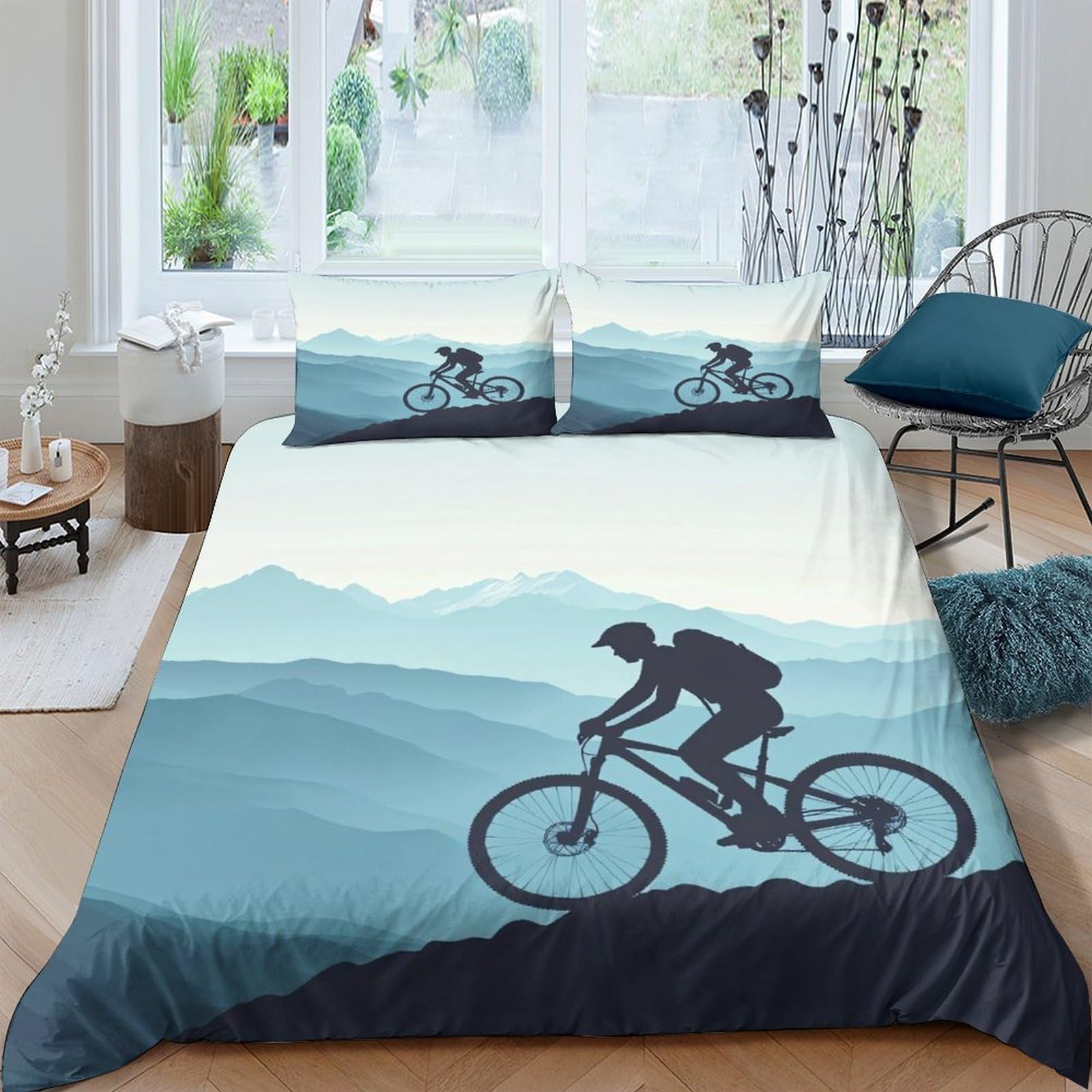 Ctjqhvkz Style-5 3D Printed Mountain Bike Fitted Sheet Microfiber Blue Landscape Mattress Cover For Bedroom Dorm Decor Single（135X200cm）