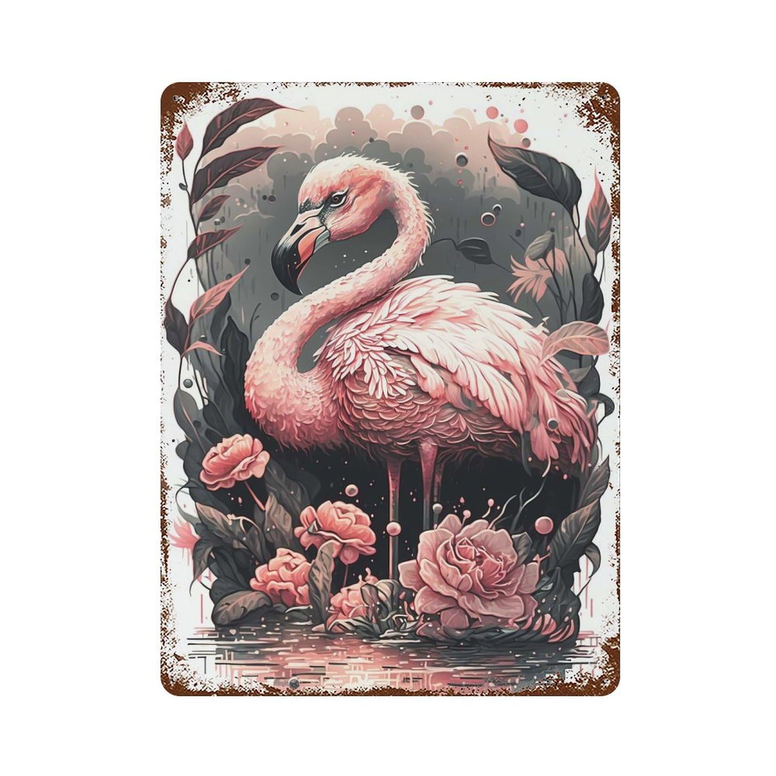 Flamingo Illusion 15.7"x11.8" Rusty Metal Tin Sign, Shabby Chic Decor for Bistro, Counter And Cafe Decor