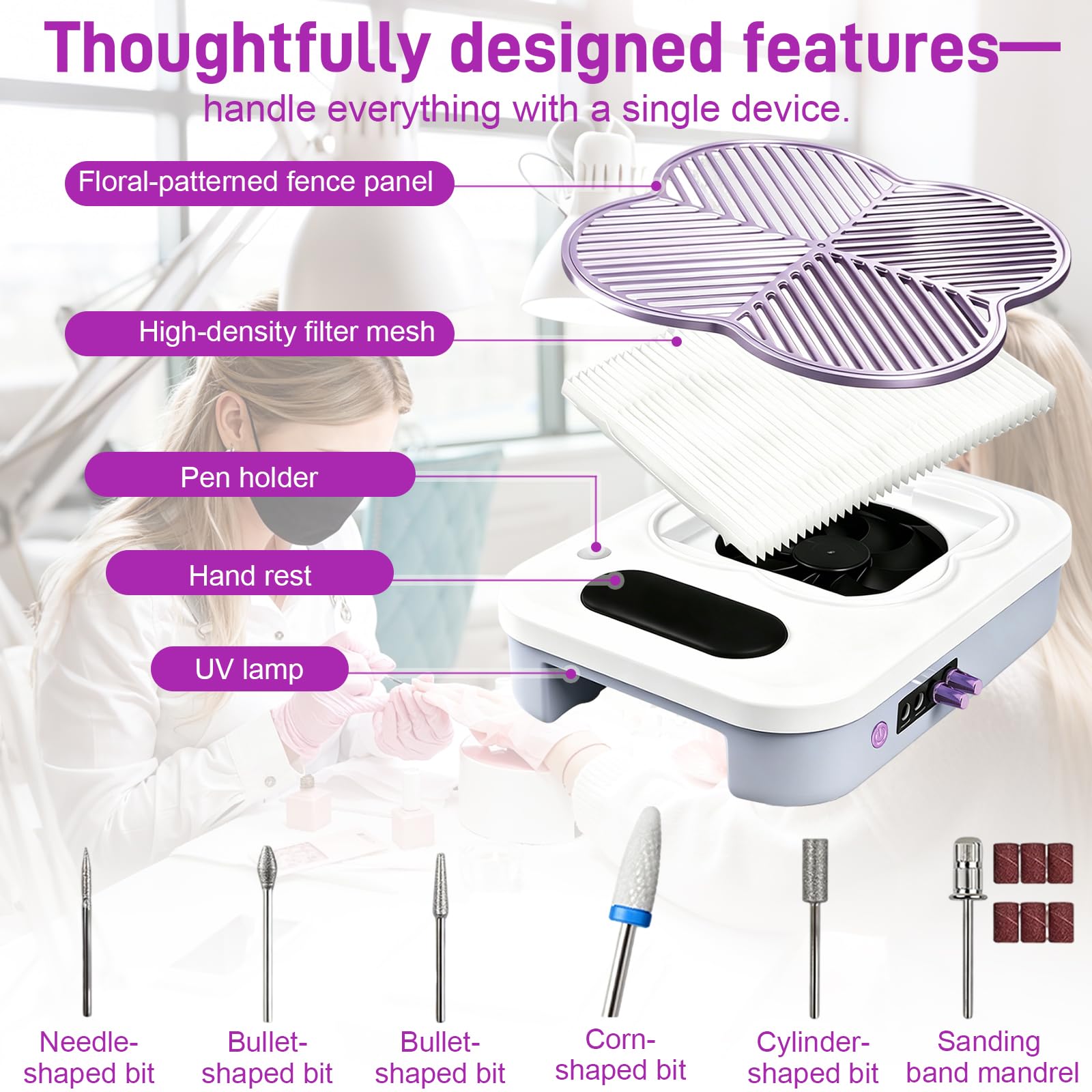 Dispositivo de uñas 4 en 1, con torno profesional (18.000 rpm), 6 cabezales de lijado y cabezal removedor, lámpara UV/LED potente, aspirador integrado (3.400 rpm), ideal para uso en salón y en casa