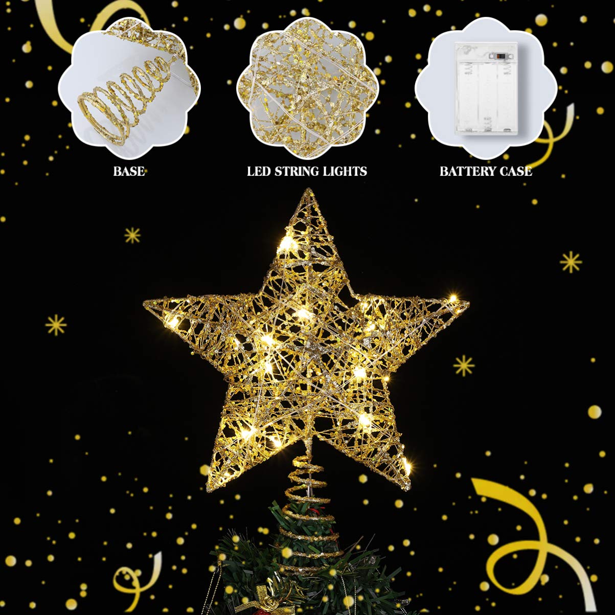 1 puntale per albero di Natale, ornamento a forma di stella, scintillante, dorato, regalo per festival, illuminato, decorazione trasparente
