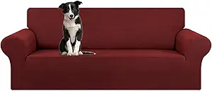 KEKUOU Stretch Oversized Sofa Slipcover 1 Piece Couch Sofa Cover (94"-110") Furniture Protector 4 Seater Sofa with Elastic Bottom for Kid,Pet.Jacquard Checked Pattern Fabric(X Large,Dark Red)