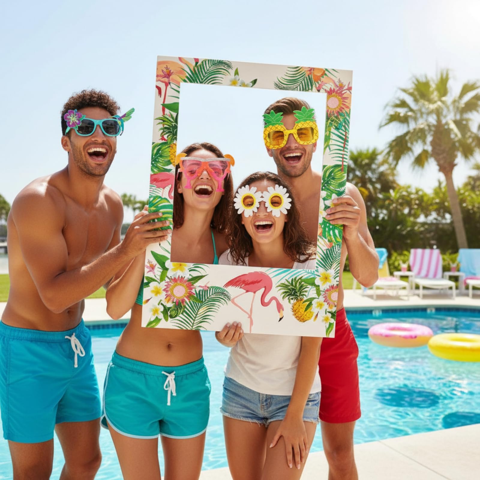 Relaxweex 13 accesorios para fotomatón de Luau, decoraciones de fiesta hawaiana, 12 pares de gafas hawaianas divertidas con temática de playa, 1 marco de fotos de flamenco de verano, suministros de