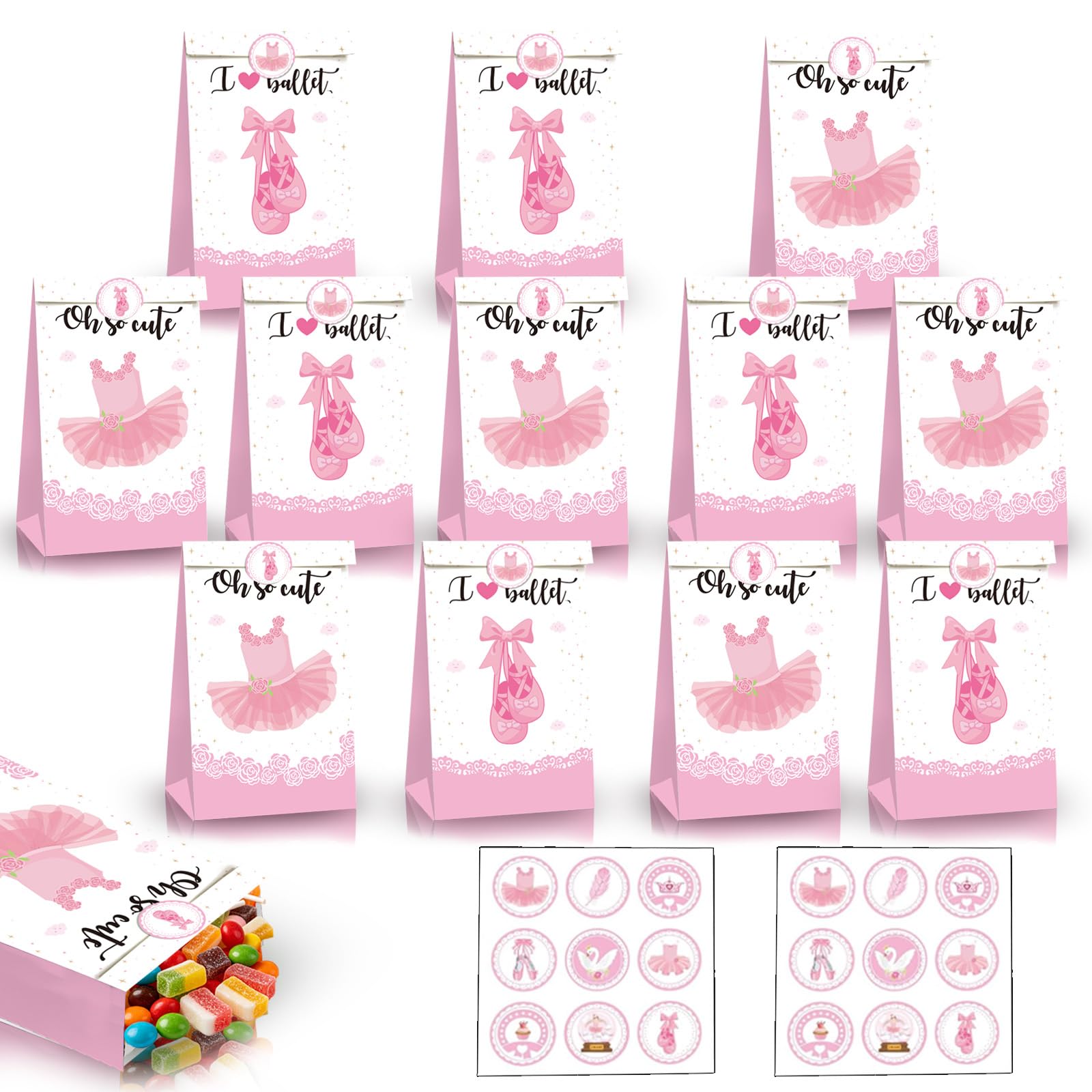12Pcs Pink Ballerina Party Bags Paper Gift Bag for Kids Party,Kraft Sweet Goodie Treats Candy Bag with 18 Sticker,Dancing Queen Print Small Gift Bags for Dancing Girls Birthday Ballet Party Favour-Bag