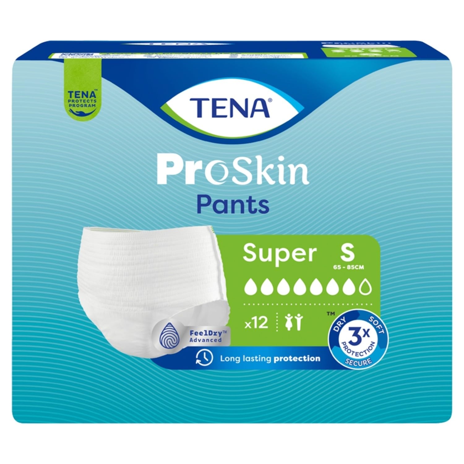 Majtki Chłonne dla Dorosłych TENA Pants ProSkin Super S Majtki Chłonność 7/8, Średnie i Wysokie Nietrzymanie Moczu, Kobiety Mężczyźn na noc dzień Obwód 65–85 cm, (4 opakowania po12 Sztuk)