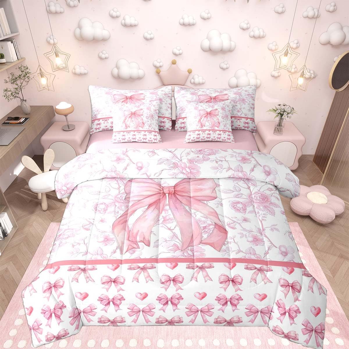Feelyou Girls Pink Bow Comforter Set with Sheets 7 Piece Twin Size Cute Flower Bowknot Bedding Set for Kids Boys Girls Girly Bow Tie Bed in a Bag Princess Room Decor Soft Lightweight Microfiber