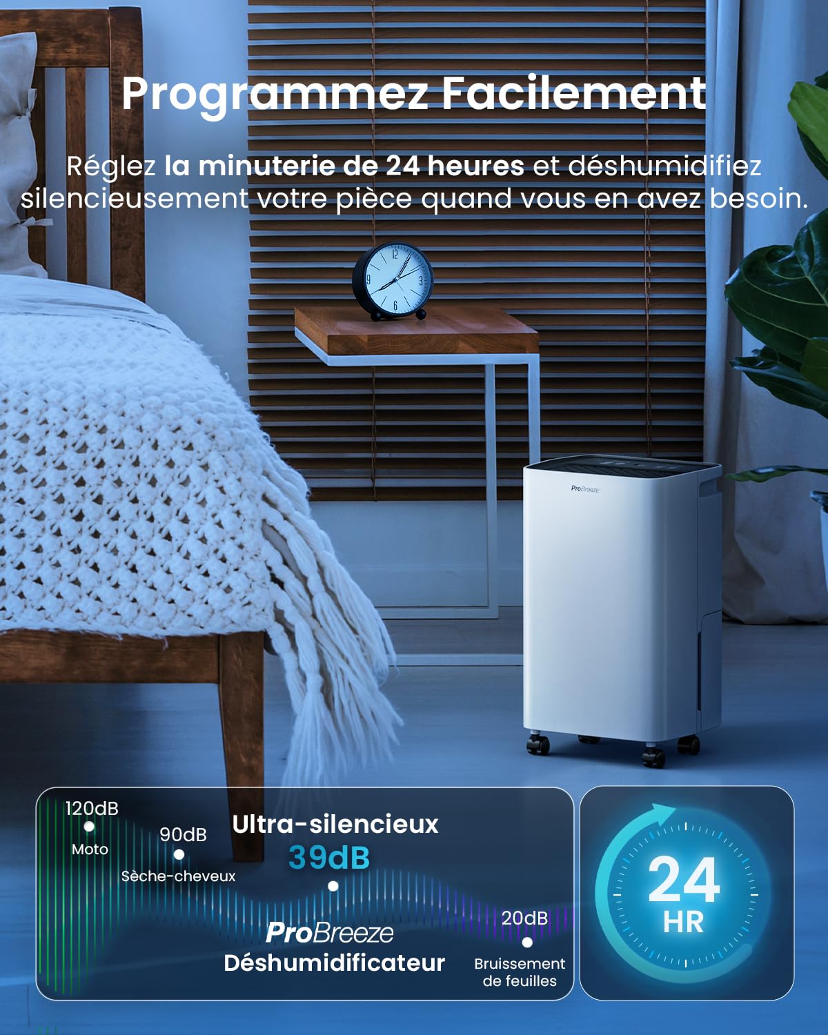 Pro Breeze Déshumidificateur d Air 6L/jour, Éliminateur de Moisissure Noire, Absorbeur d'Humidité Automatique, Sèche-linge, Déshumidificateur Compresseur Portable Silencieux, Minuterie 24h