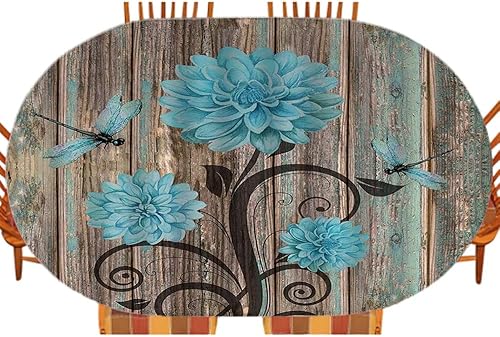 Mantel ajustable ovalado de madera rústica, flor de dalia, libélula floral antigua puerta de garaje, decoración de granja nativa americana, para