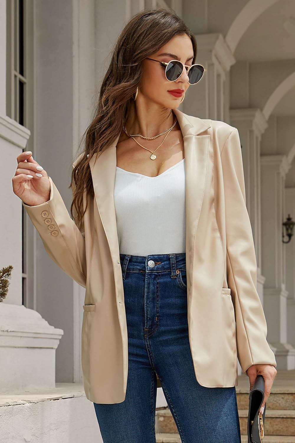 RISISSIDA Women Faux Leather Blazer Jacket,Spring Fall Vegan Pleather Soft Casual Lapel Button Down Coat - Image 5