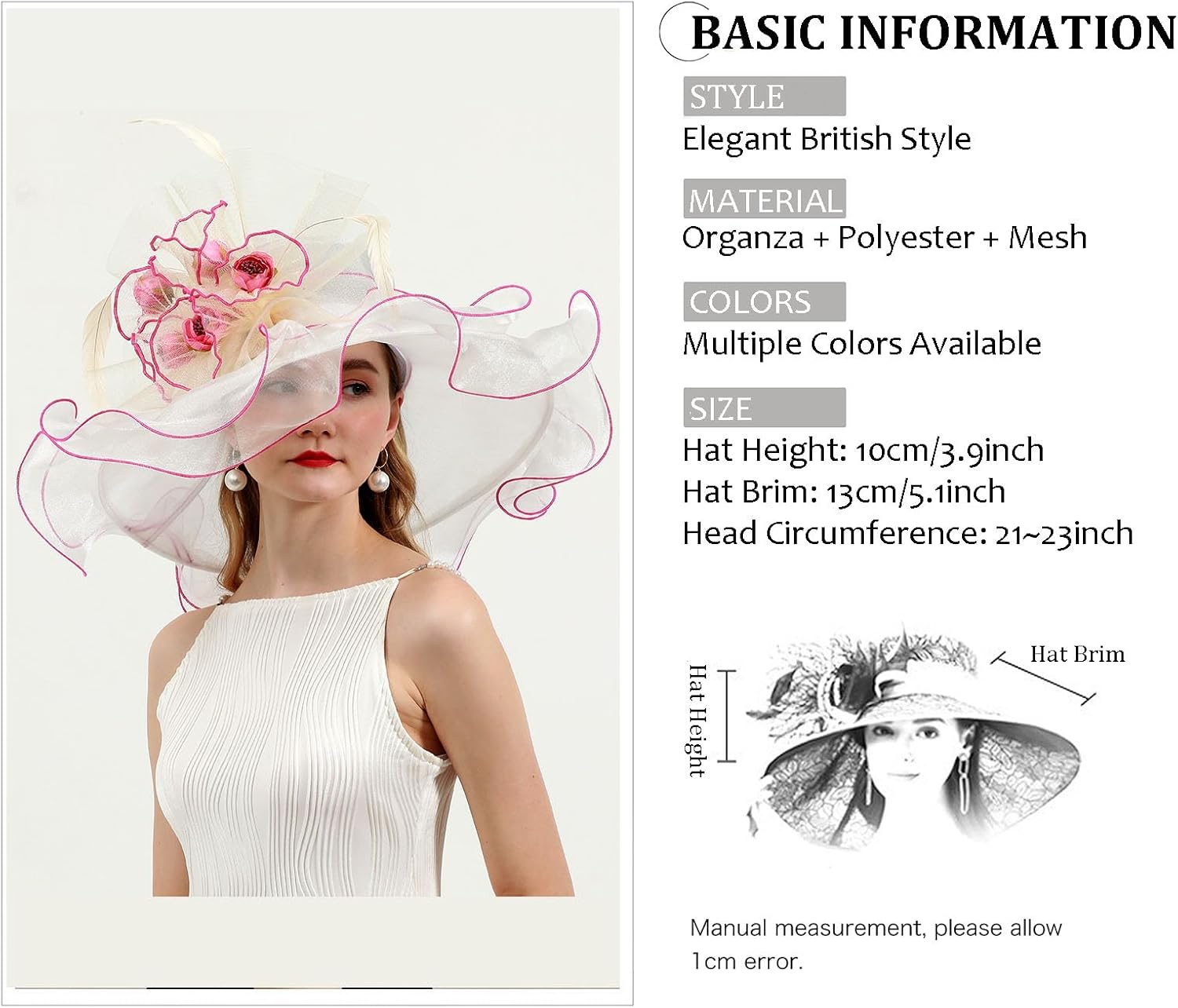 Women's Kentucky Derby Church Dress Hat Wide Brim Leaf Flower Bridal Shower Hat